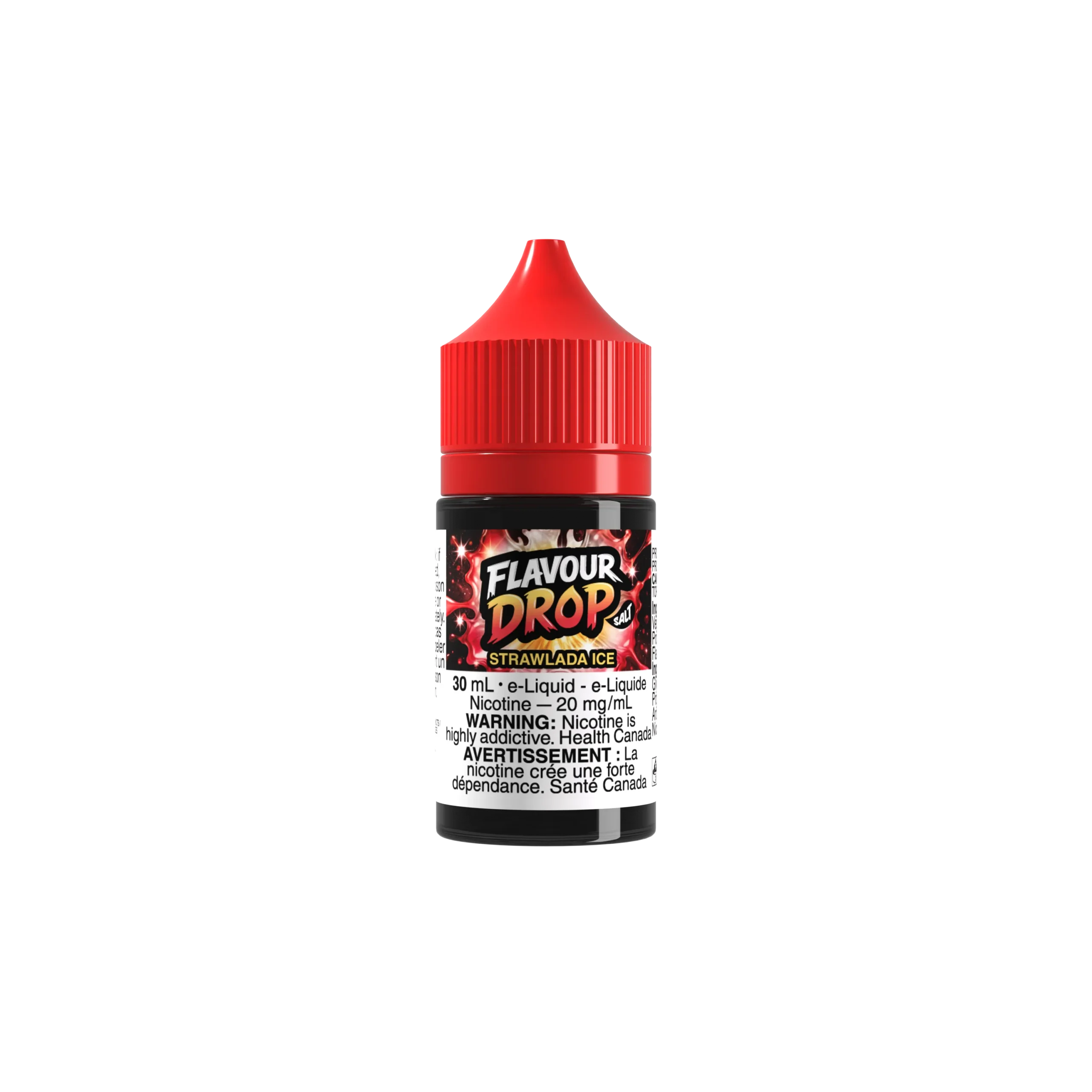30ml bottle of Flavour Drop e-liquid in Strawlada Ice flavor, featuring a red cap and warning label about nicotine.