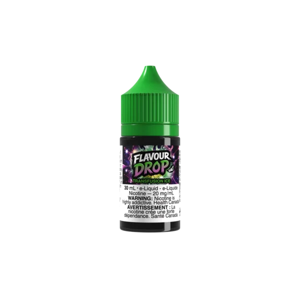 30ml bottle of Flavour Drop Transfusion Ice e-liquid with a green cap, featuring nicotine warning label.