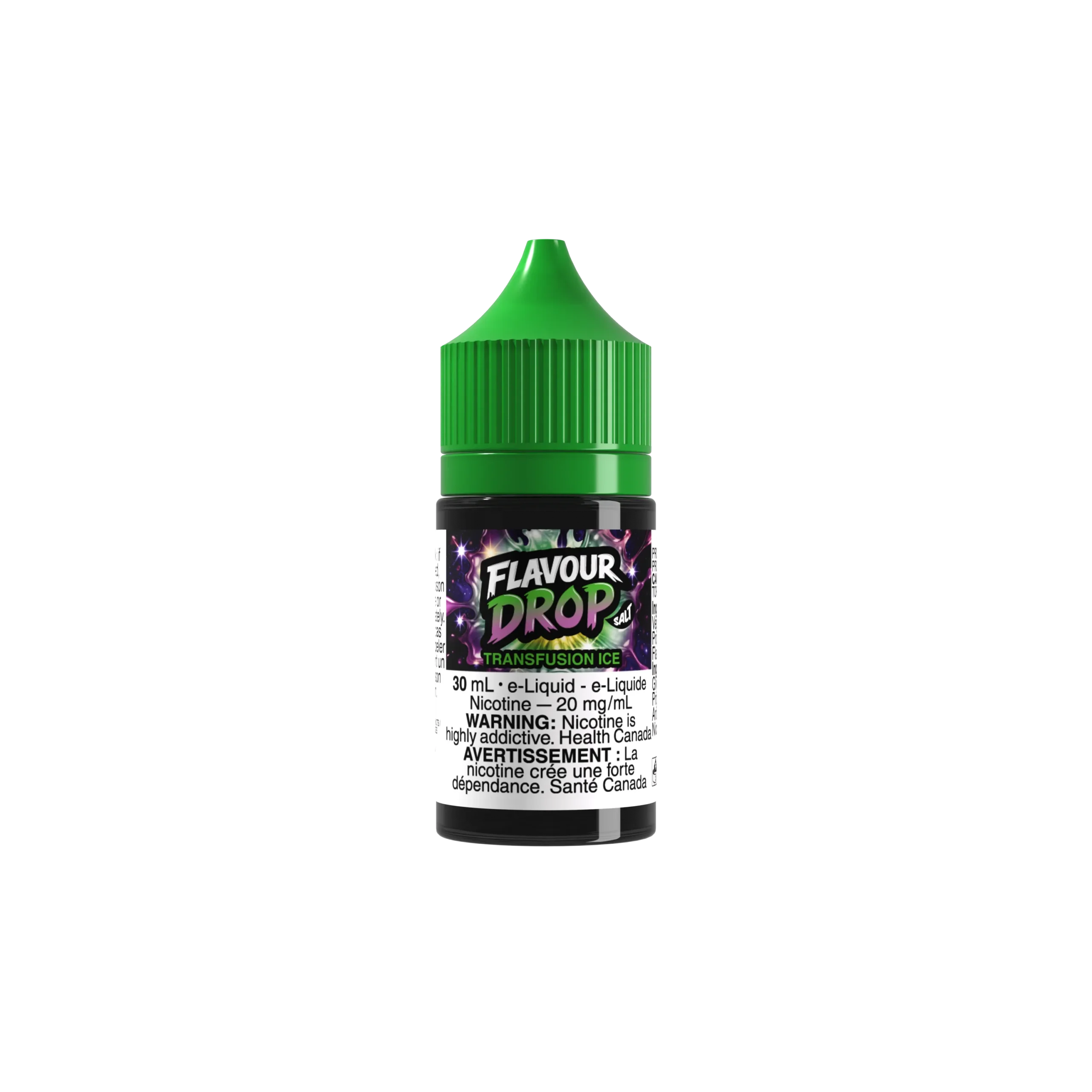 30ml bottle of Flavour Drop Transfusion Ice e-liquid with a green cap, featuring nicotine warning label.