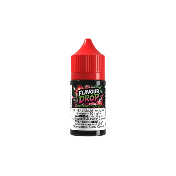 30ml bottle of Flavour Drop Watermelon Gush e-liquid with a red cap, featuring nicotine warning label.