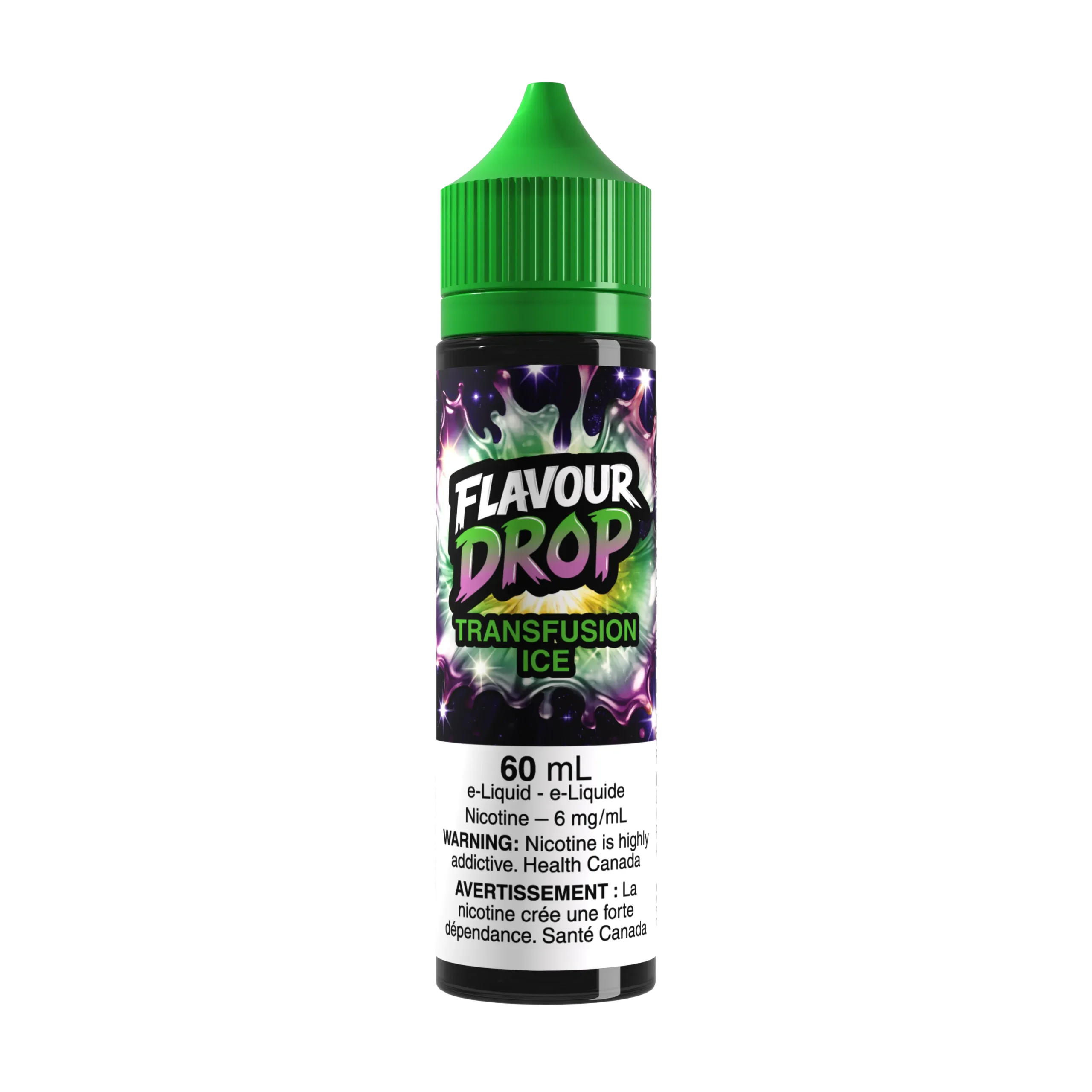 Bottle of Flavour Drop Transfusion Ice e-liquid, 60ml, with a green cap and warning label about nicotine addiction.