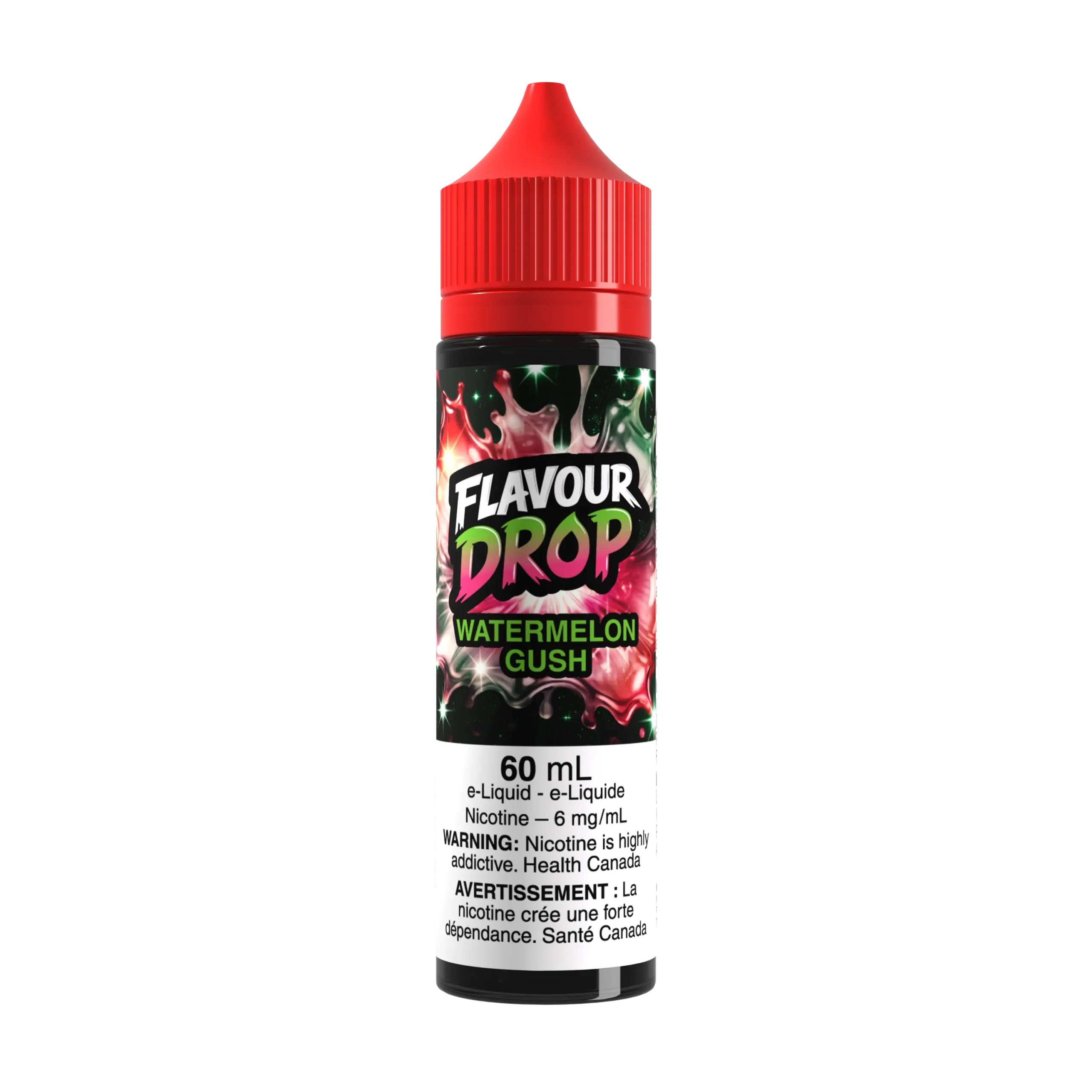 Bottle of Flavour Drop Watermelon Gush e-liquid, 60ml, with a red cap and colorful label featuring warning about nicotine.