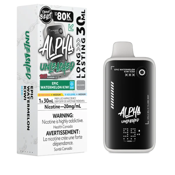 Vaping device packaging for FlavorBeast Alpha, featuring Epic Watermelon Kiwi Iced flavor, 30ml, 20mg/ml nicotine.