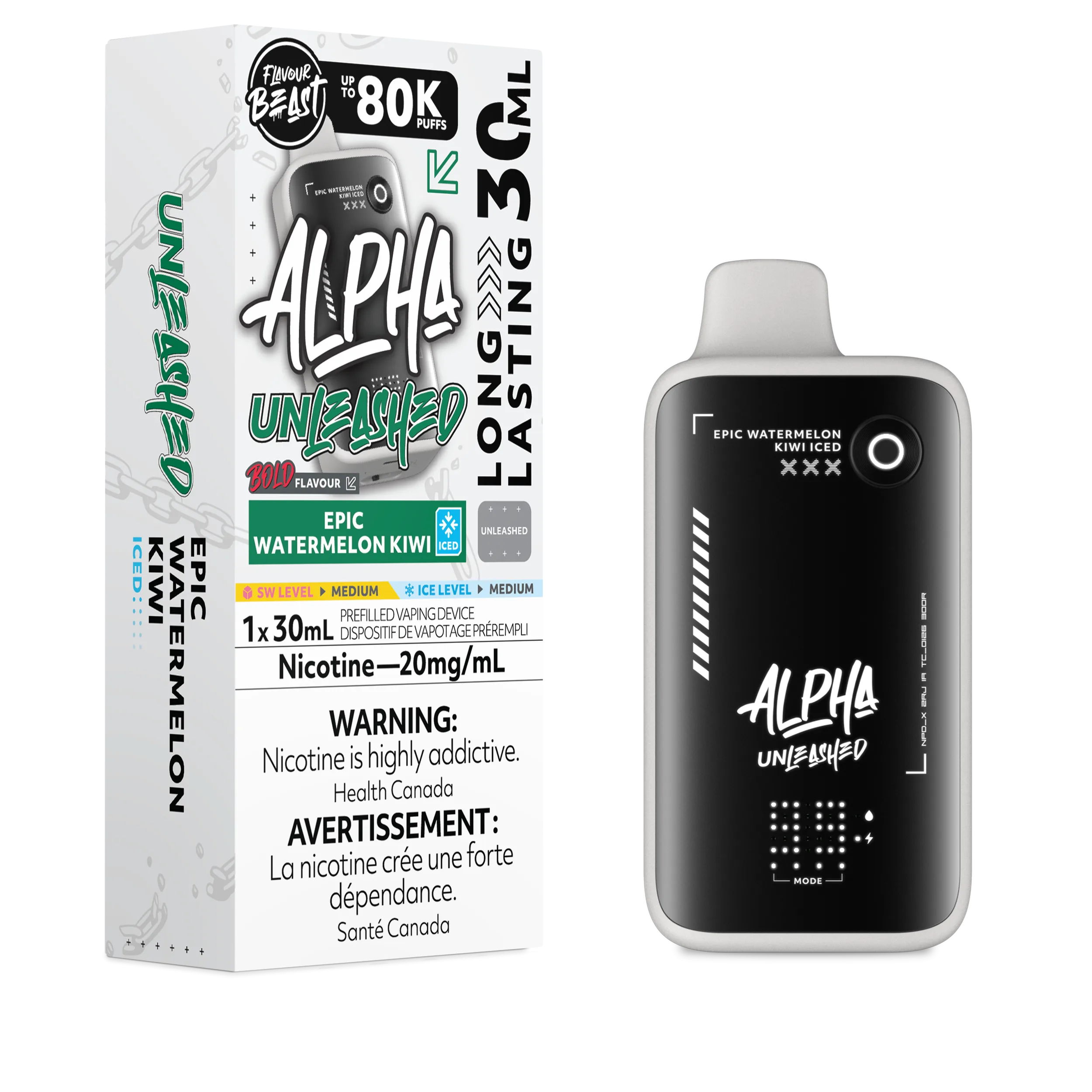 Vaping device packaging for FlavorBeast Alpha, featuring Epic Watermelon Kiwi Iced flavor, 30ml, 20mg/ml nicotine.