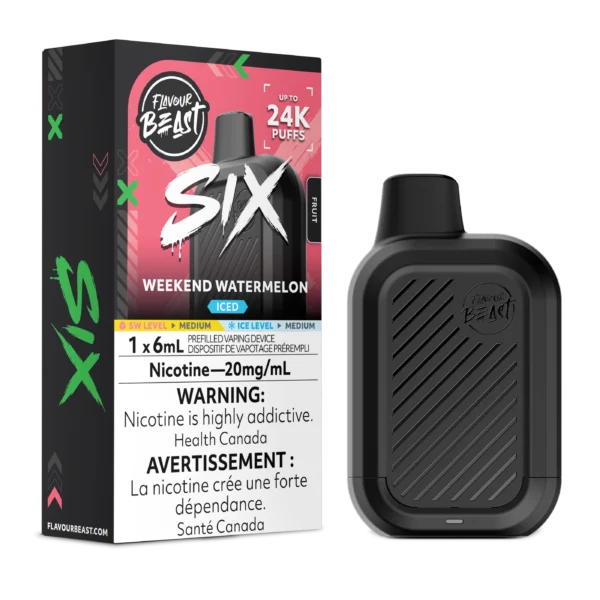 Vaping device packaging for Flavour Beast Weekend Watermelon, featuring a black device and warning labels about nicotine.