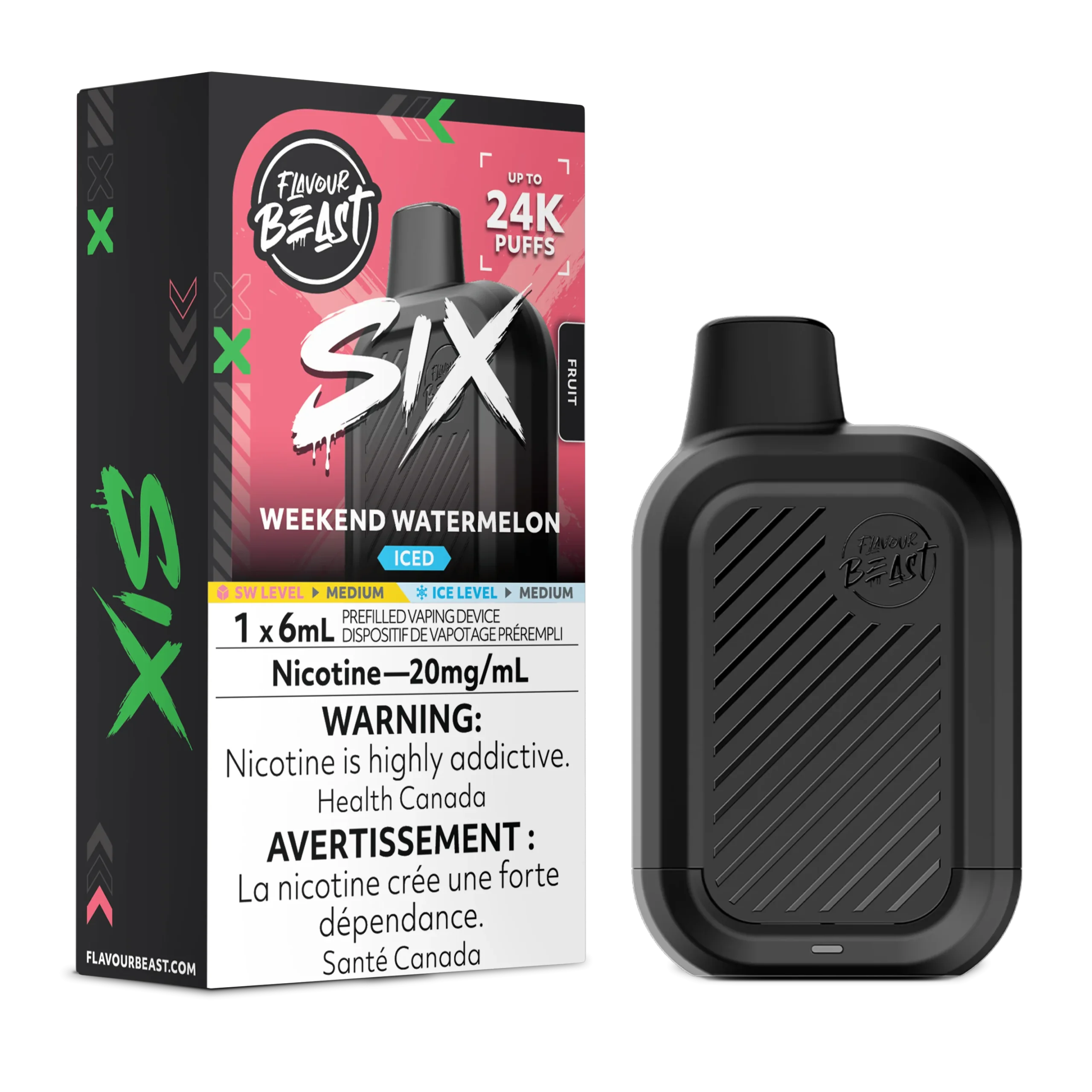 Vaping device packaging for Flavour Beast Weekend Watermelon, featuring a black device and warning labels about nicotine.
