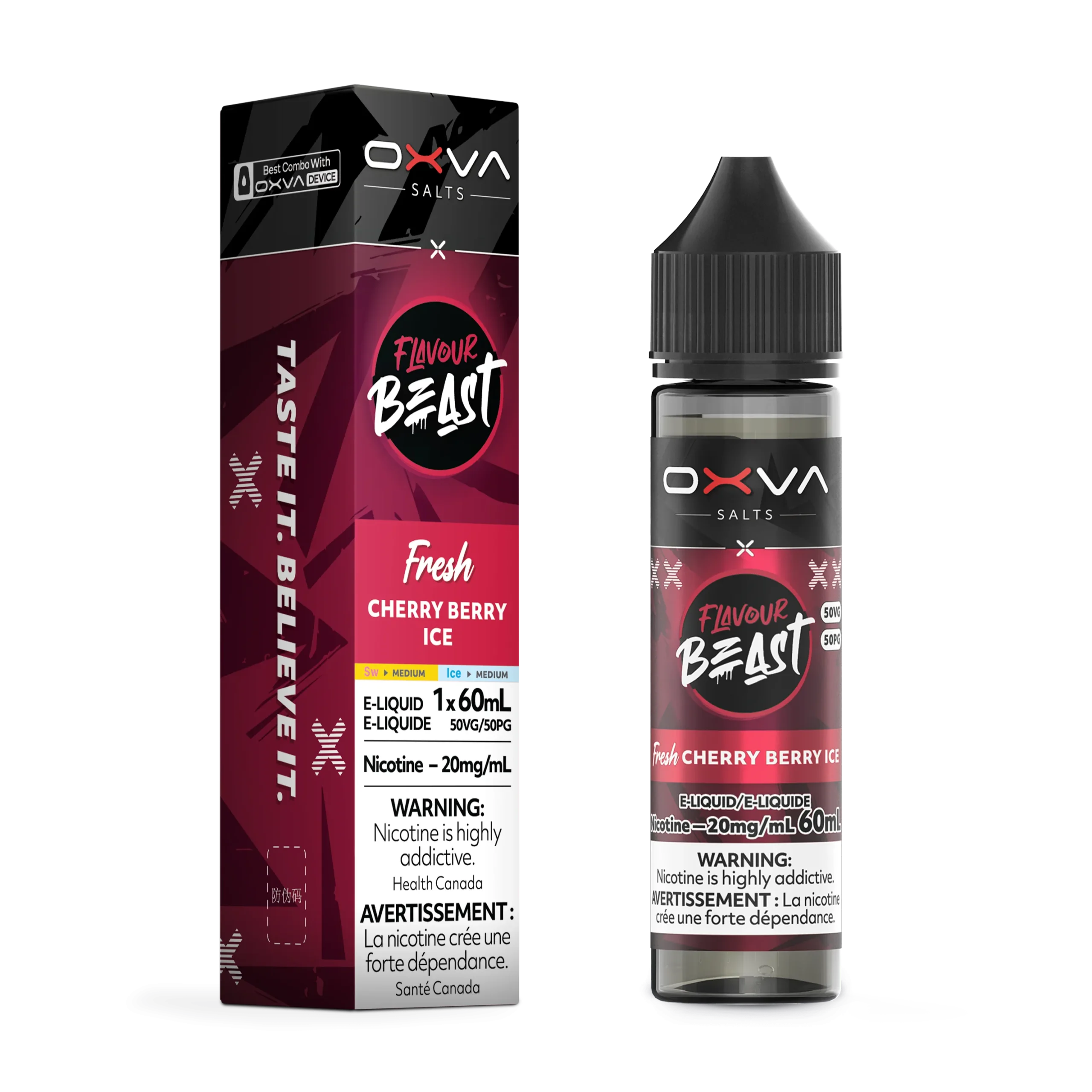 E-liquid bottle and box for Flavour Beast Cherry Berry Ice, 60mL, 20mg nicotine, with warning labels.