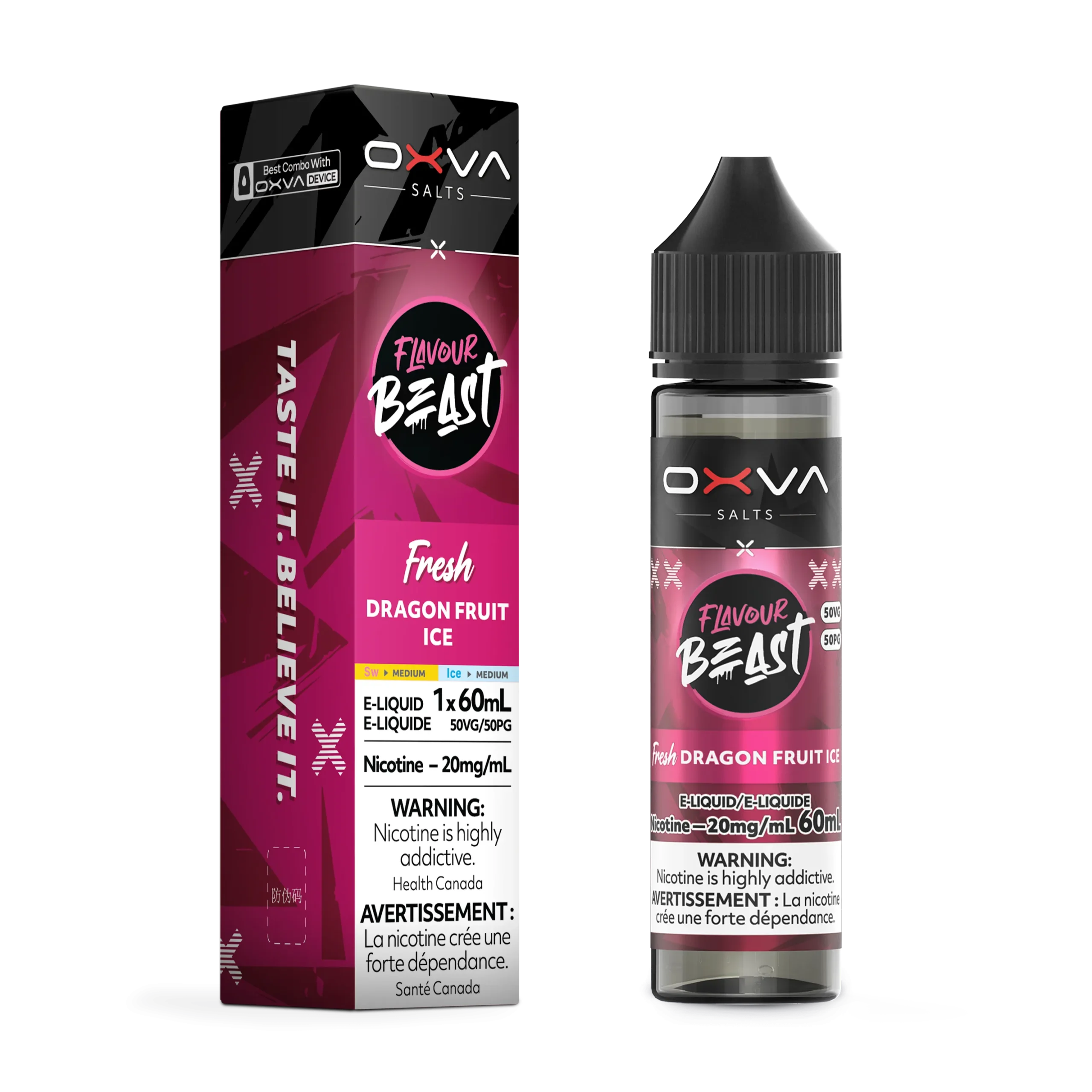 E-liquid bottle and box for Flavour Beast Fresh Dragon Fruit Ice, 60mL, 20mg nicotine, with warning labels.