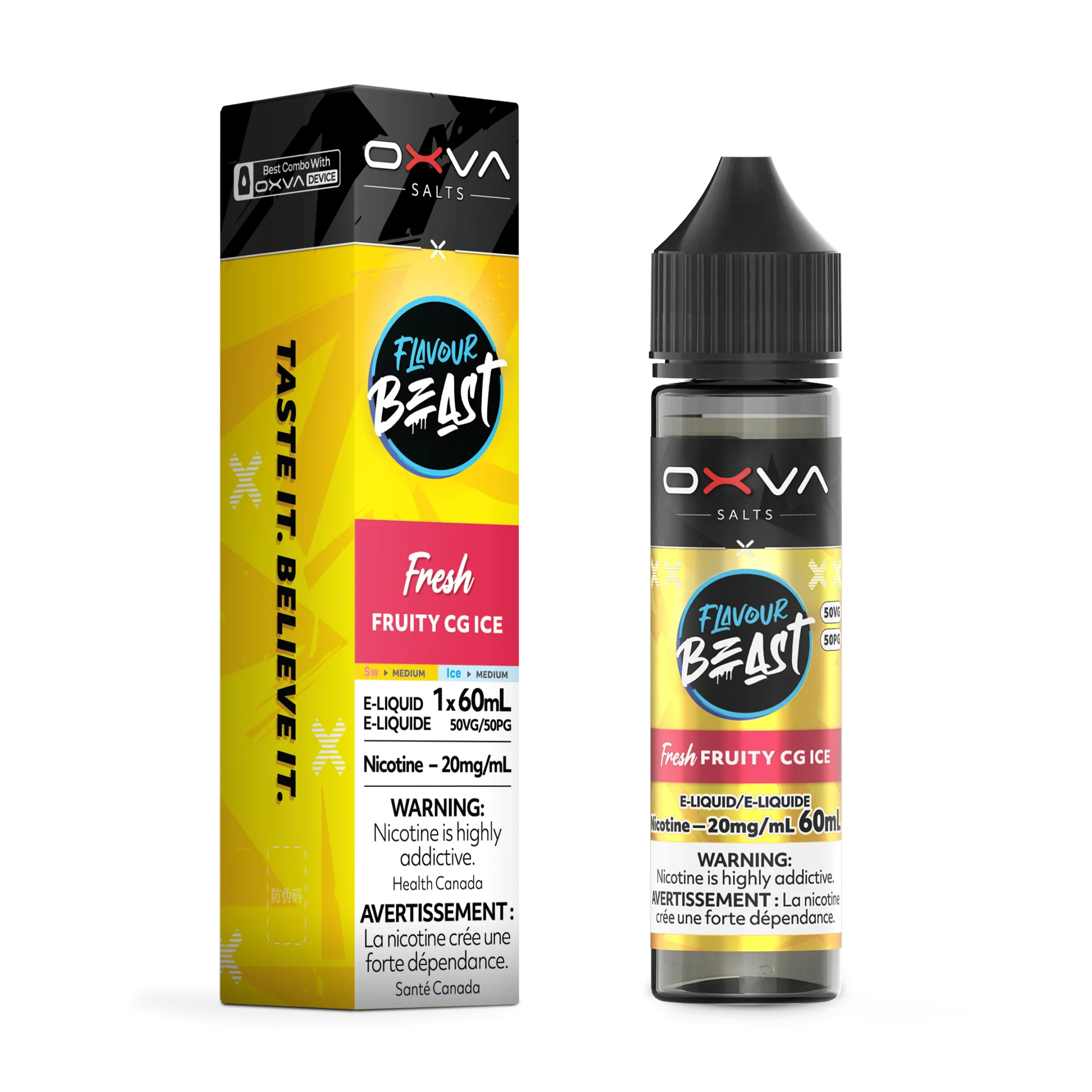 E-liquid bottle and box for Flavour Beast Fresh Fruity CG Ice, 60mL, 20mg nicotine, with health warnings.