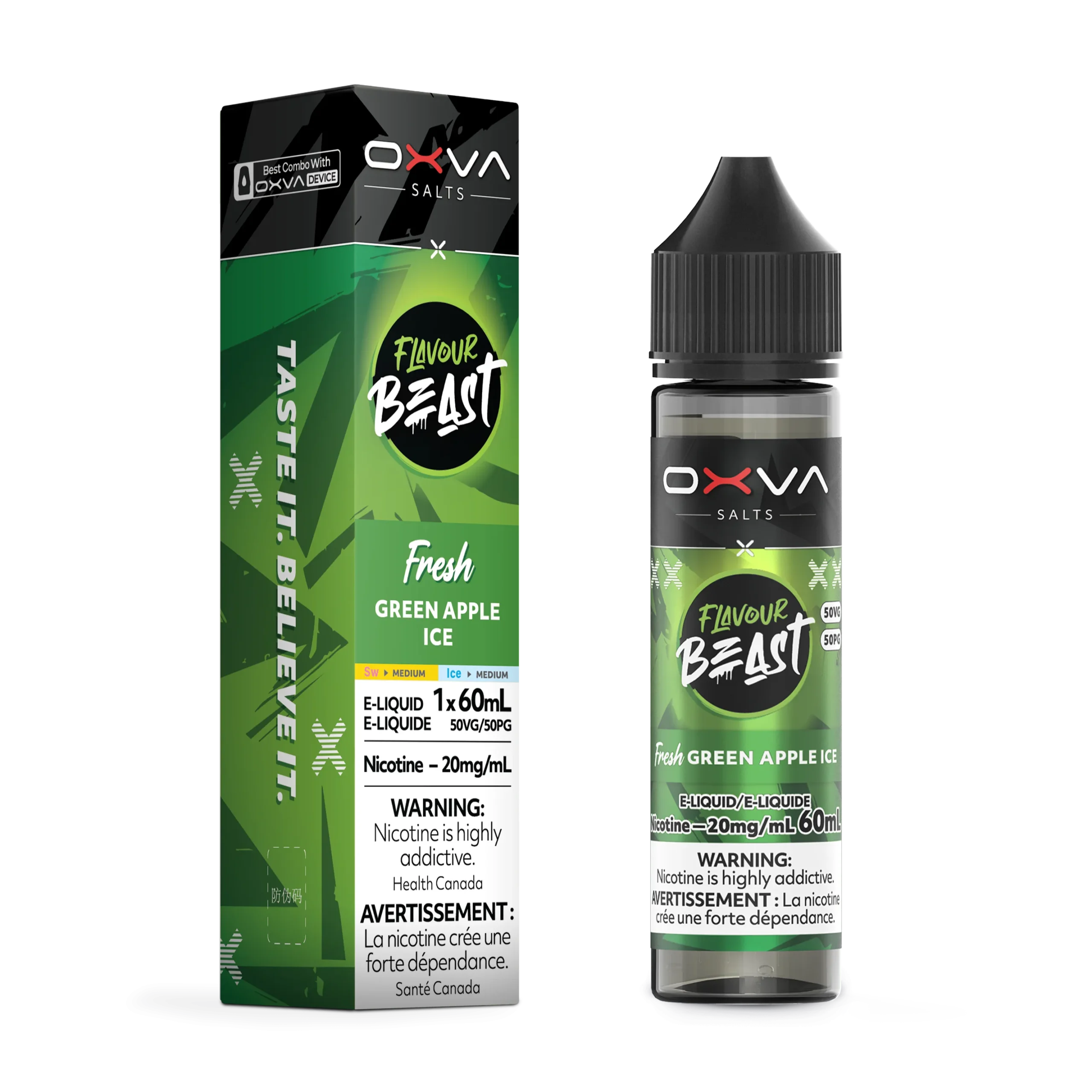 E-liquid bottle and box for Flavour Beast Fresh Green Apple Ice, 60mL, 20mg nicotine, with warning labels.
