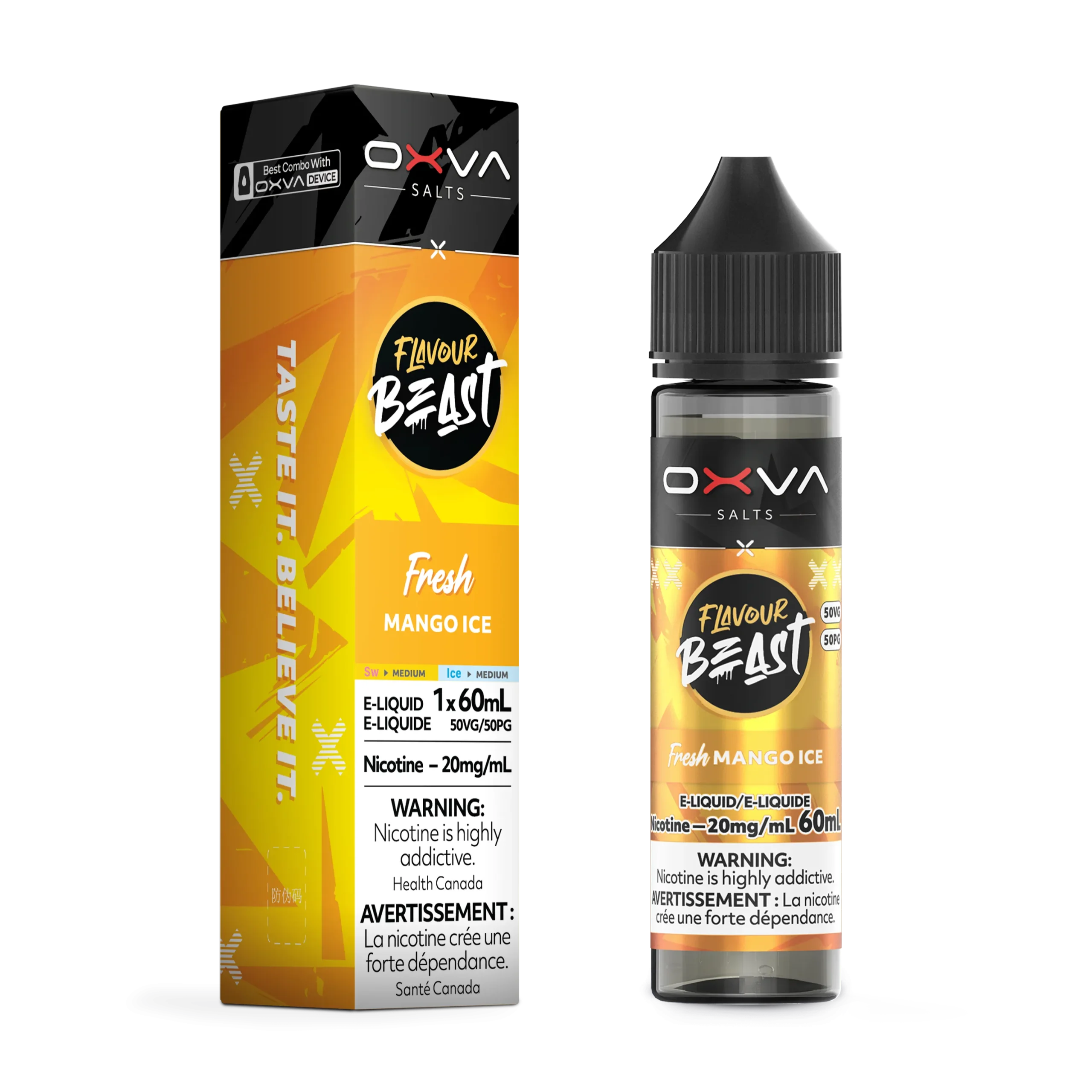 E-liquid bottle and box for Flavour Beast Fresh Mango Ice, 60mL, 20mg nicotine, with warning labels.
