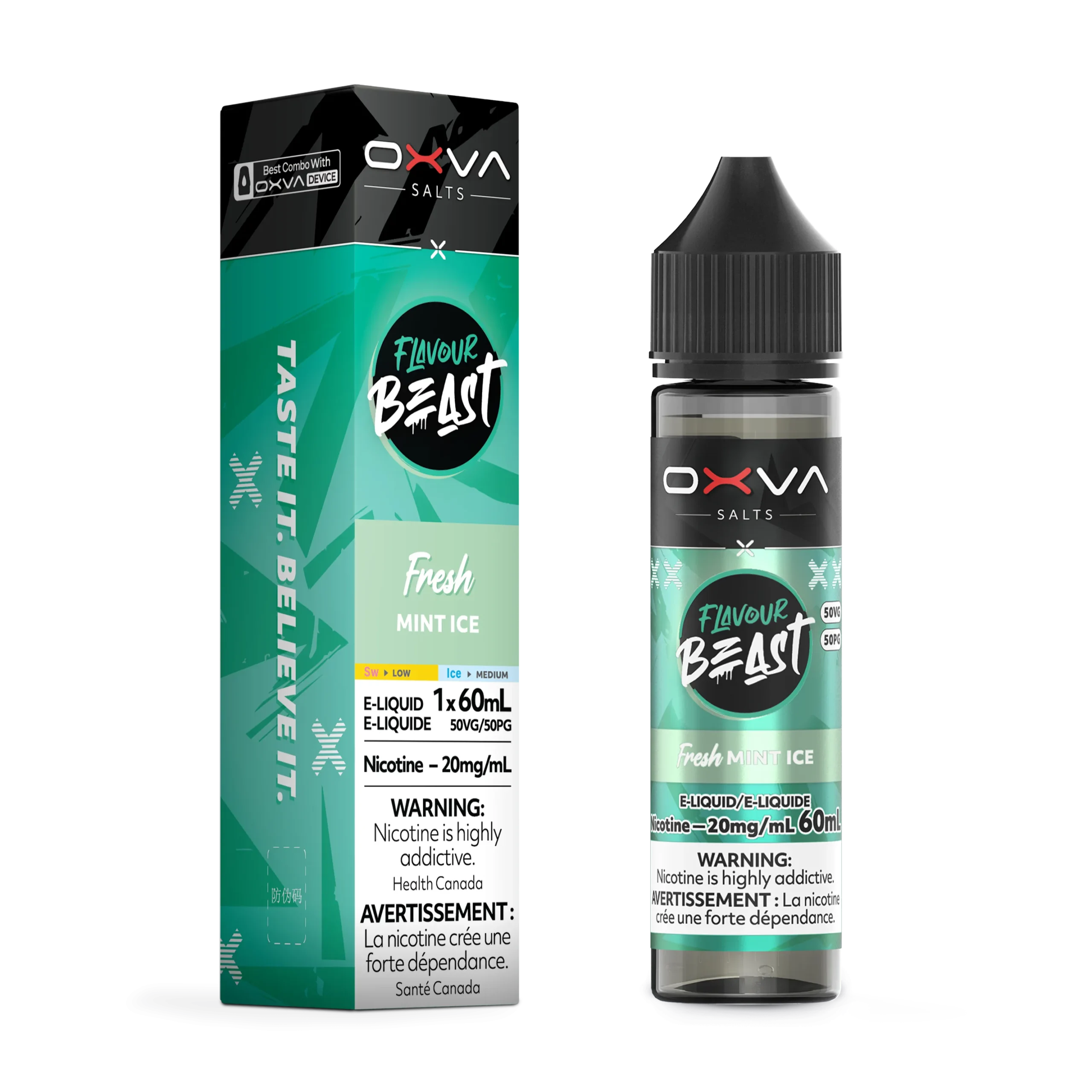 E-liquid bottle and box for Flavour Beast Mint Ice, 60mL, 20mg nicotine, with warning labels.