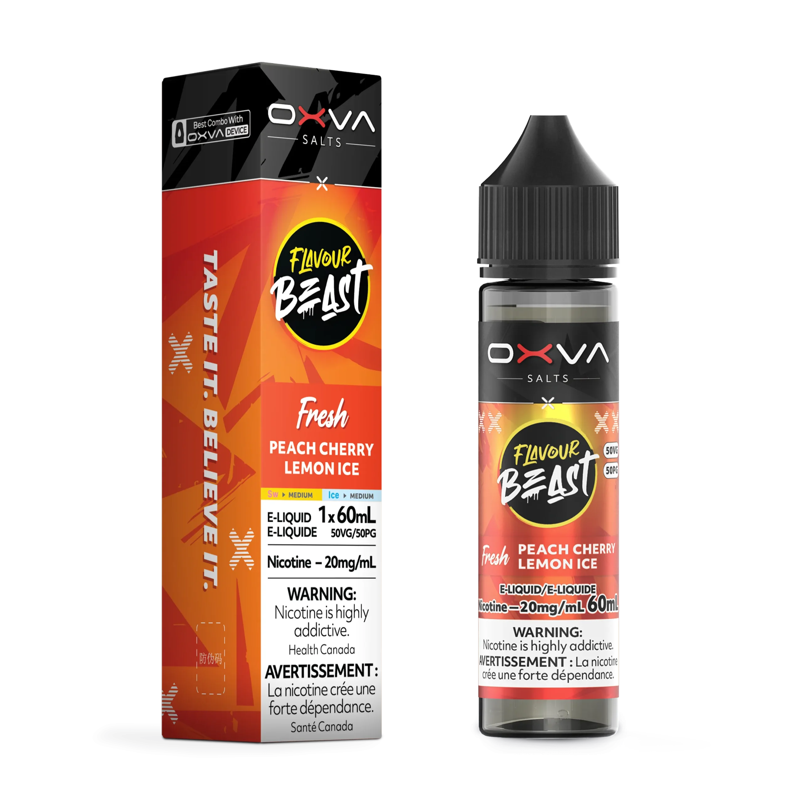 E-liquid bottle and box for Flavour Beast Peach Cherry Lemon Ice, 60mL, 20mg nicotine, featuring warning labels.