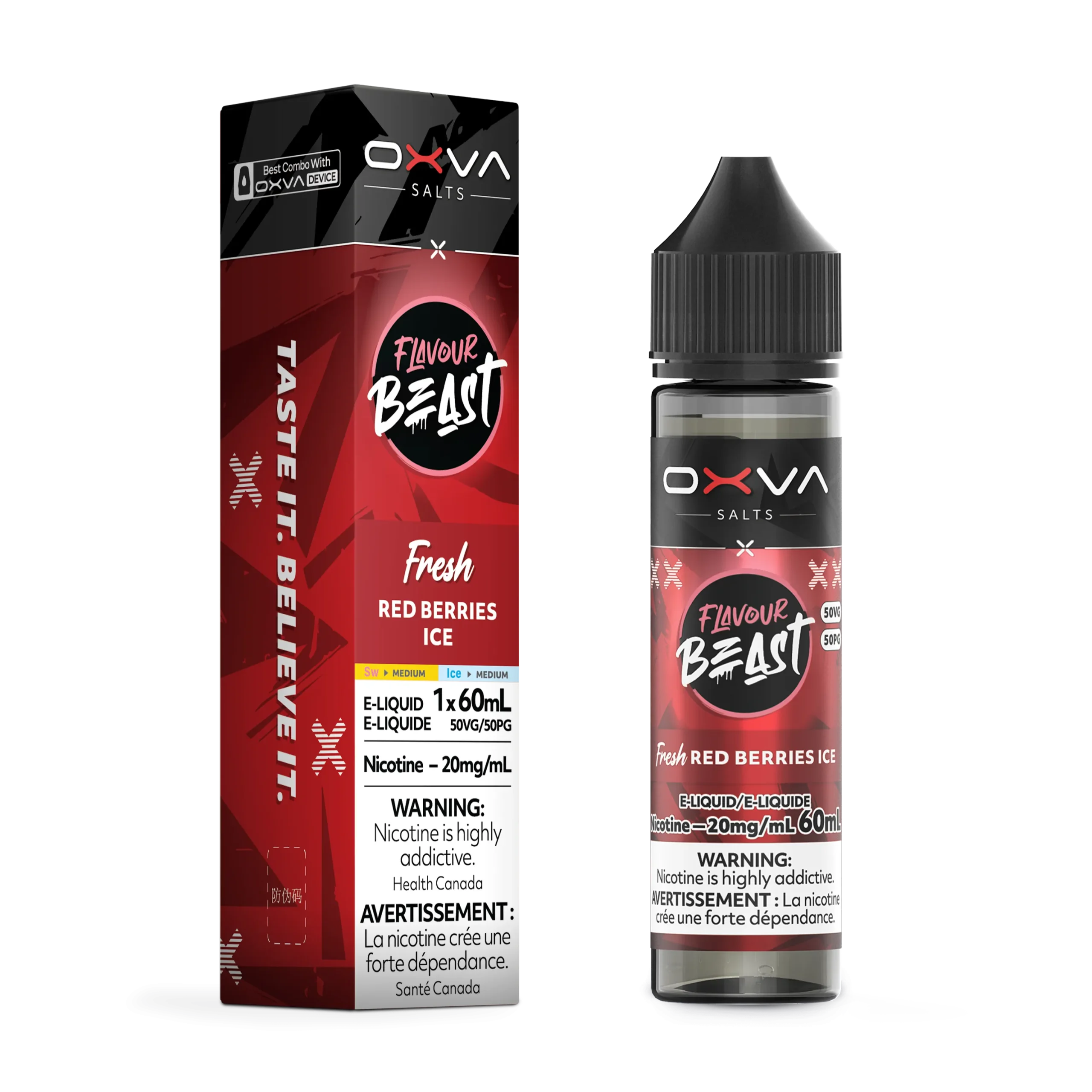 E-liquid bottle and box for Flavour Beast Fresh Red Berries Ice, 60mL, 20mg nicotine, with warning labels.