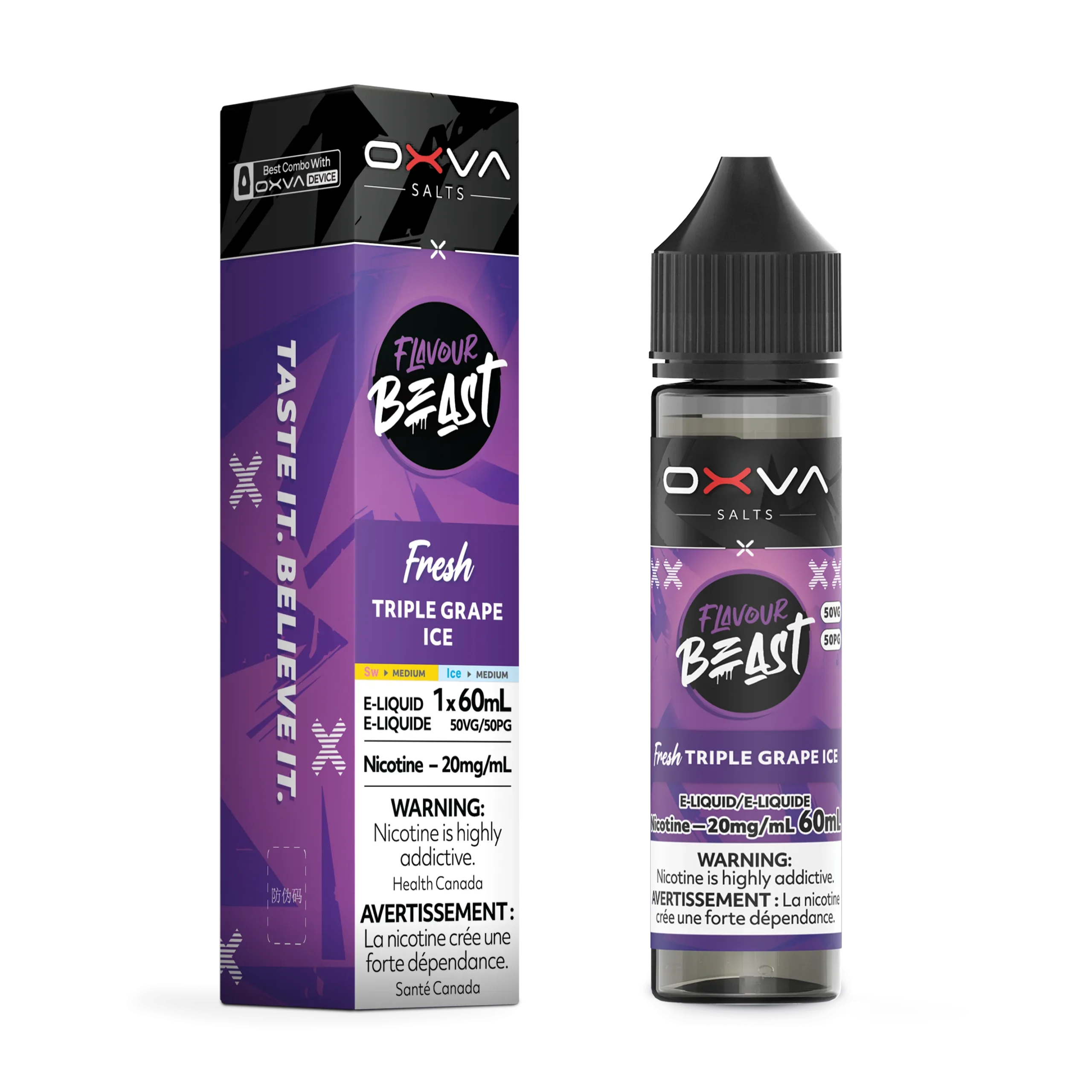 E-liquid bottle and packaging for Flavour Beast Triple Grape Ice, 60mL, 20mg nicotine, featuring a vibrant purple design.