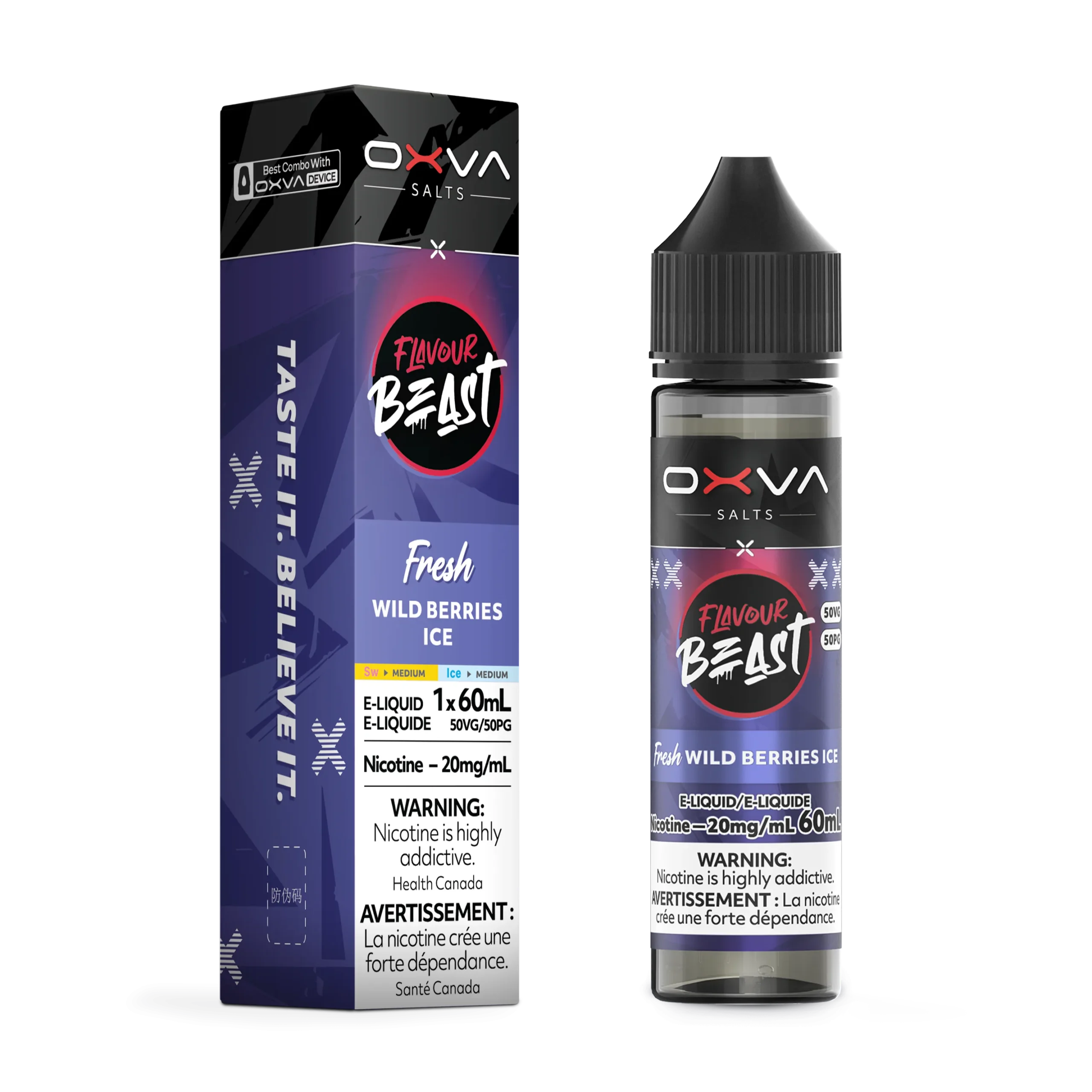 E-liquid bottle and box for Flavour Beast Wild Berries Ice, 60mL, 20mg nicotine, with warning labels.