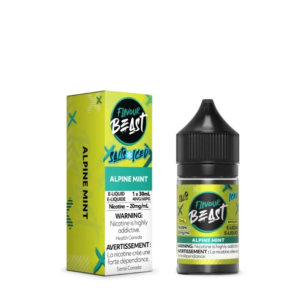 E-liquid bottle and box for Flavour Beast Alpine Mint, 30ml, 20mg/ml nicotine, with warning labels.