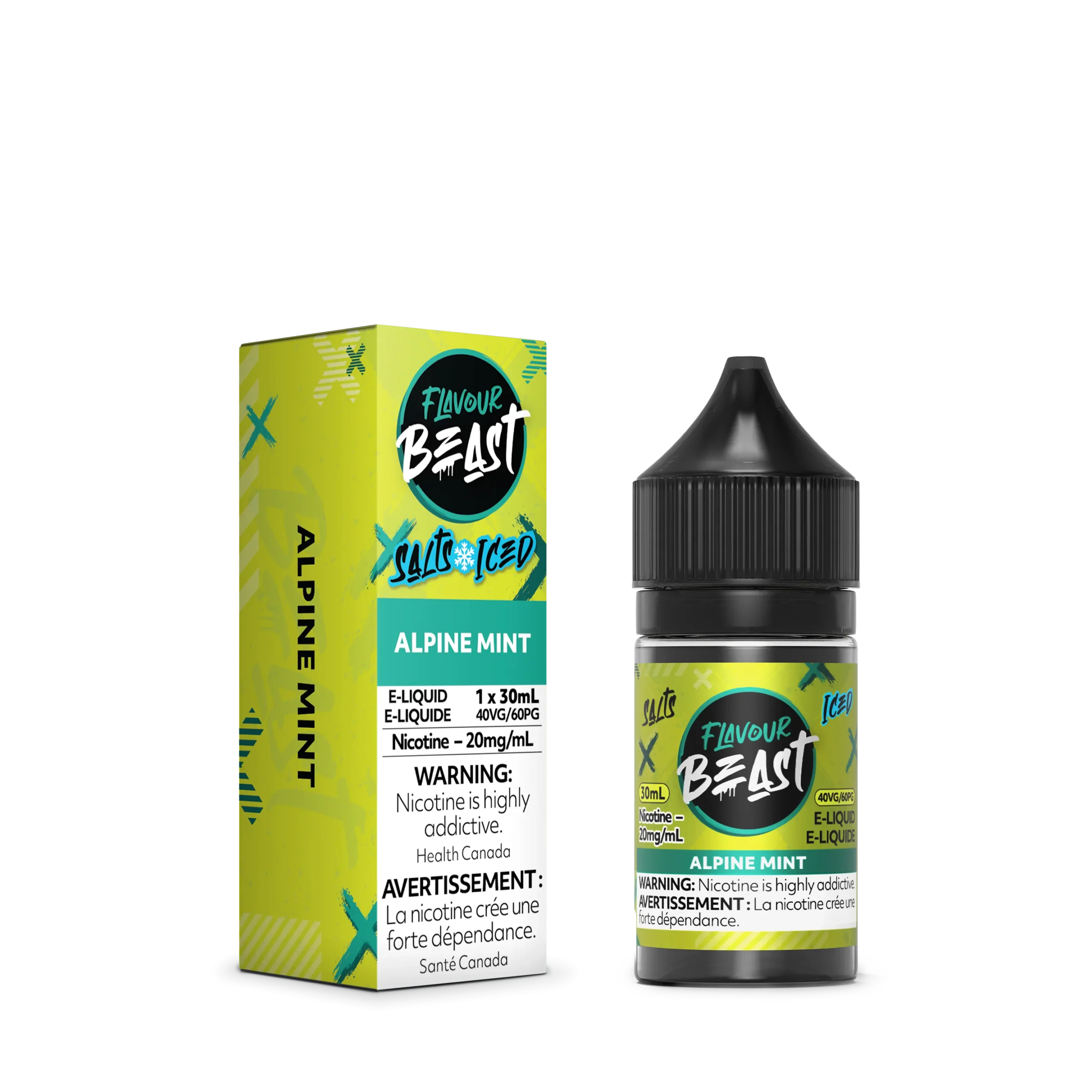 E-liquid bottle and box for Flavour Beast Alpine Mint, 30ml, 20mg/ml nicotine, with warning labels.