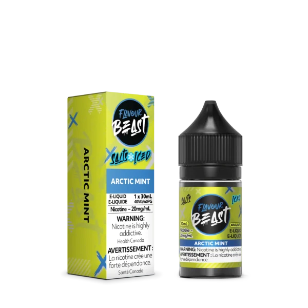 E-liquid bottle and box for Flavour Beast Arctic Mint, 30ml, 20mg/ml nicotine, with warning labels.