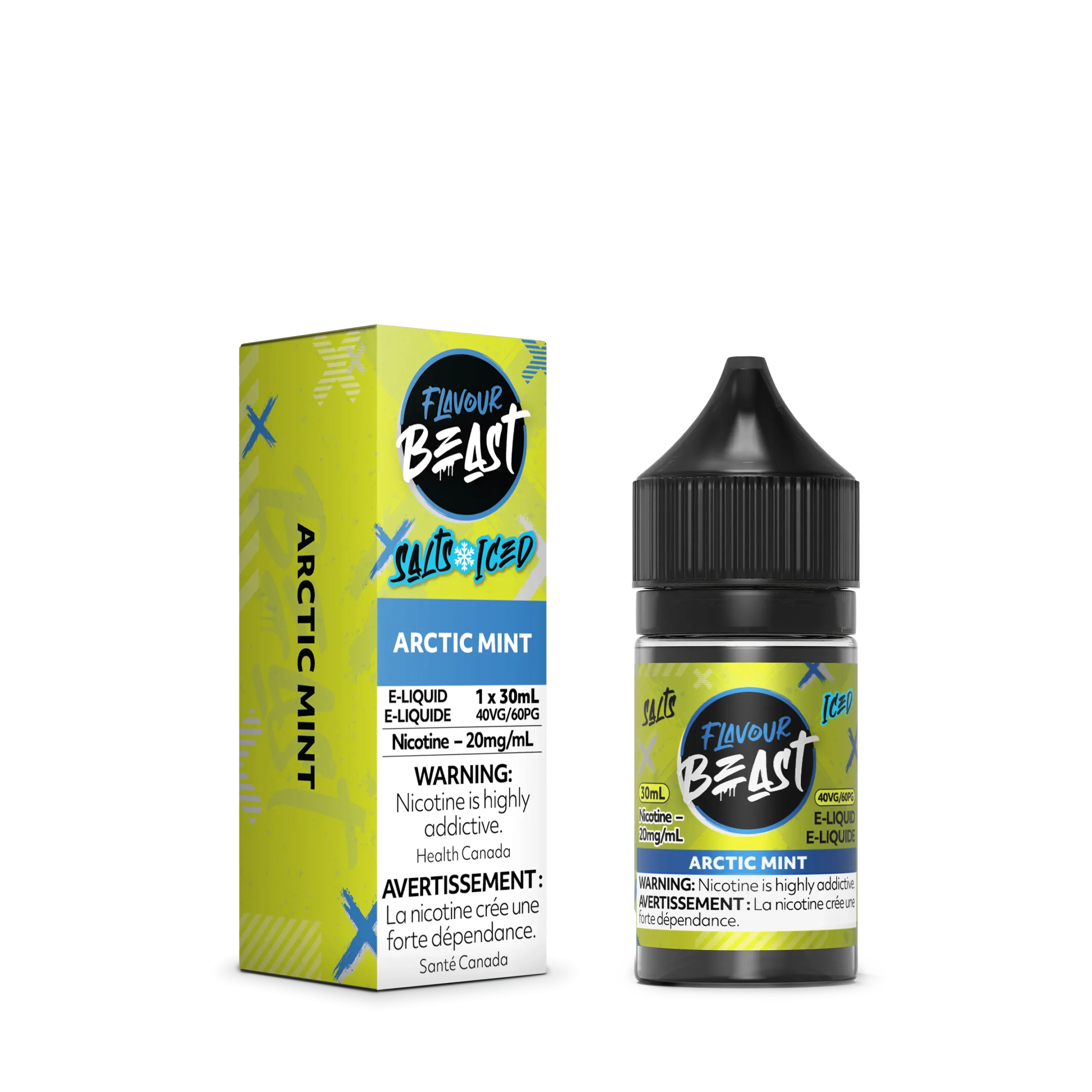 E-liquid bottle and box for Flavour Beast Arctic Mint, 30ml, 20mg/ml nicotine, with warning labels.
