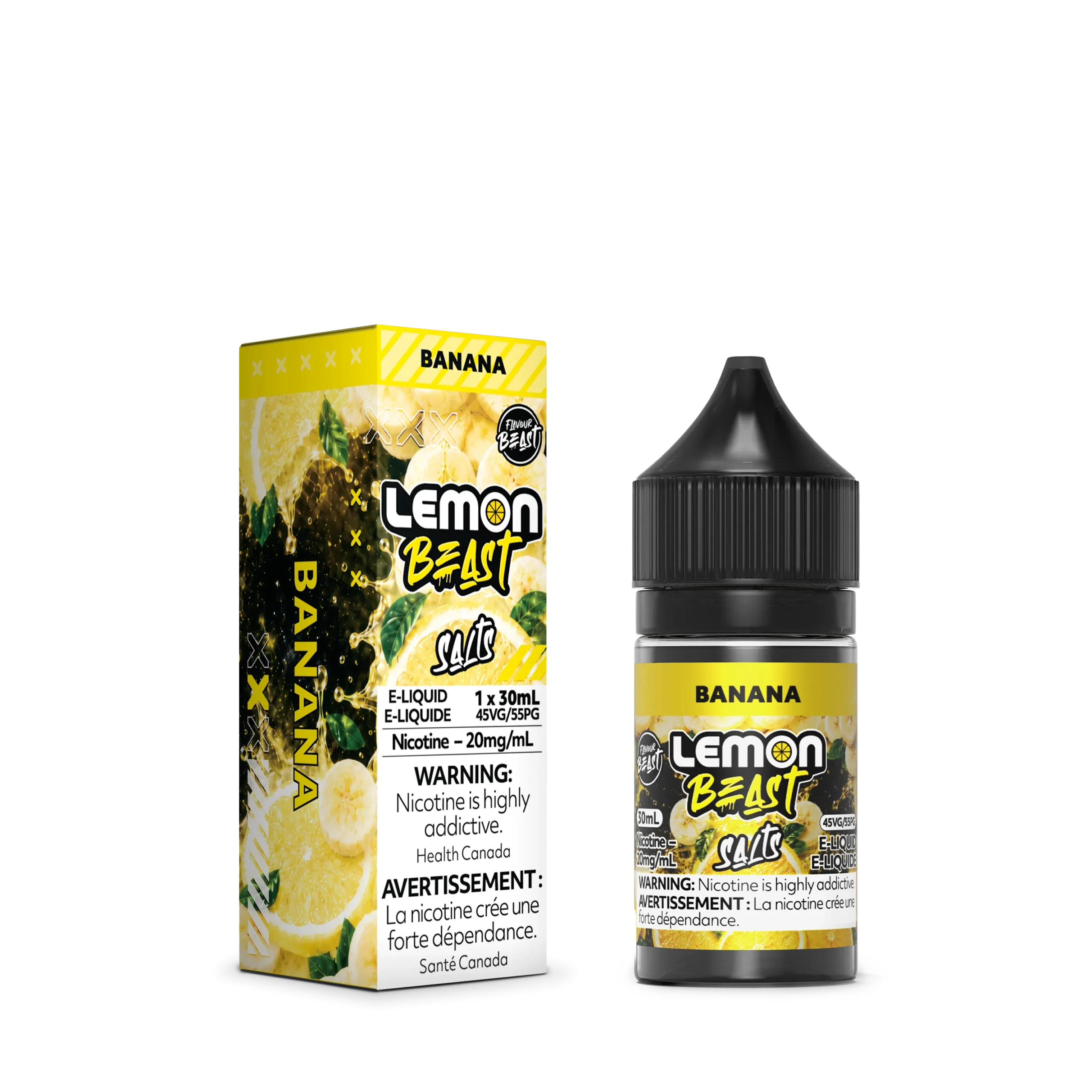 E-liquid bottle and box for Lemon Beast Salt in banana flavor, featuring warning labels about nicotine addiction.