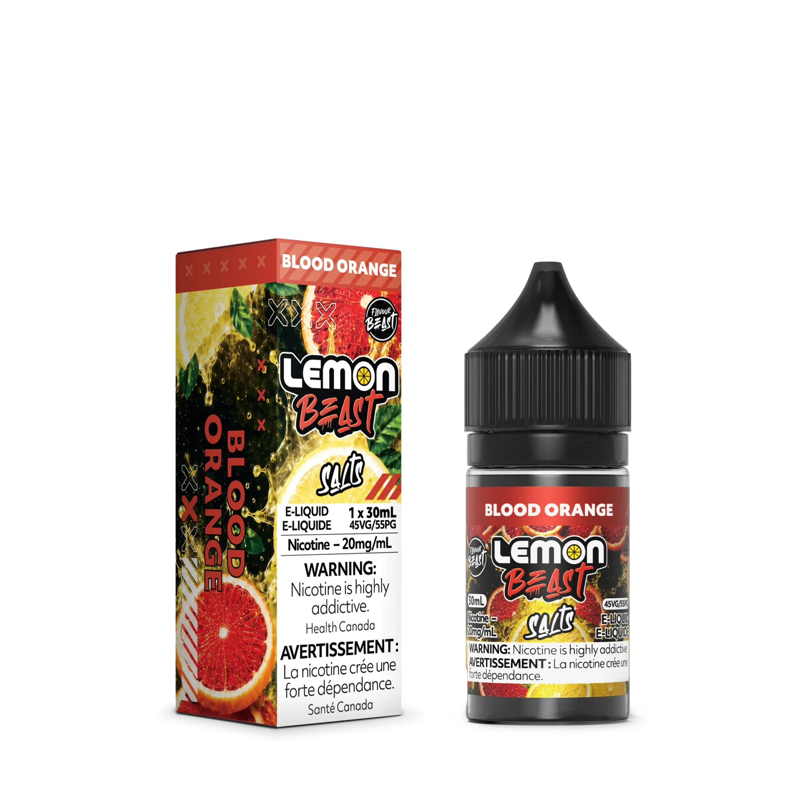E-liquid bottle and box for Blood Orange flavor, featuring warning labels and details about nicotine content.