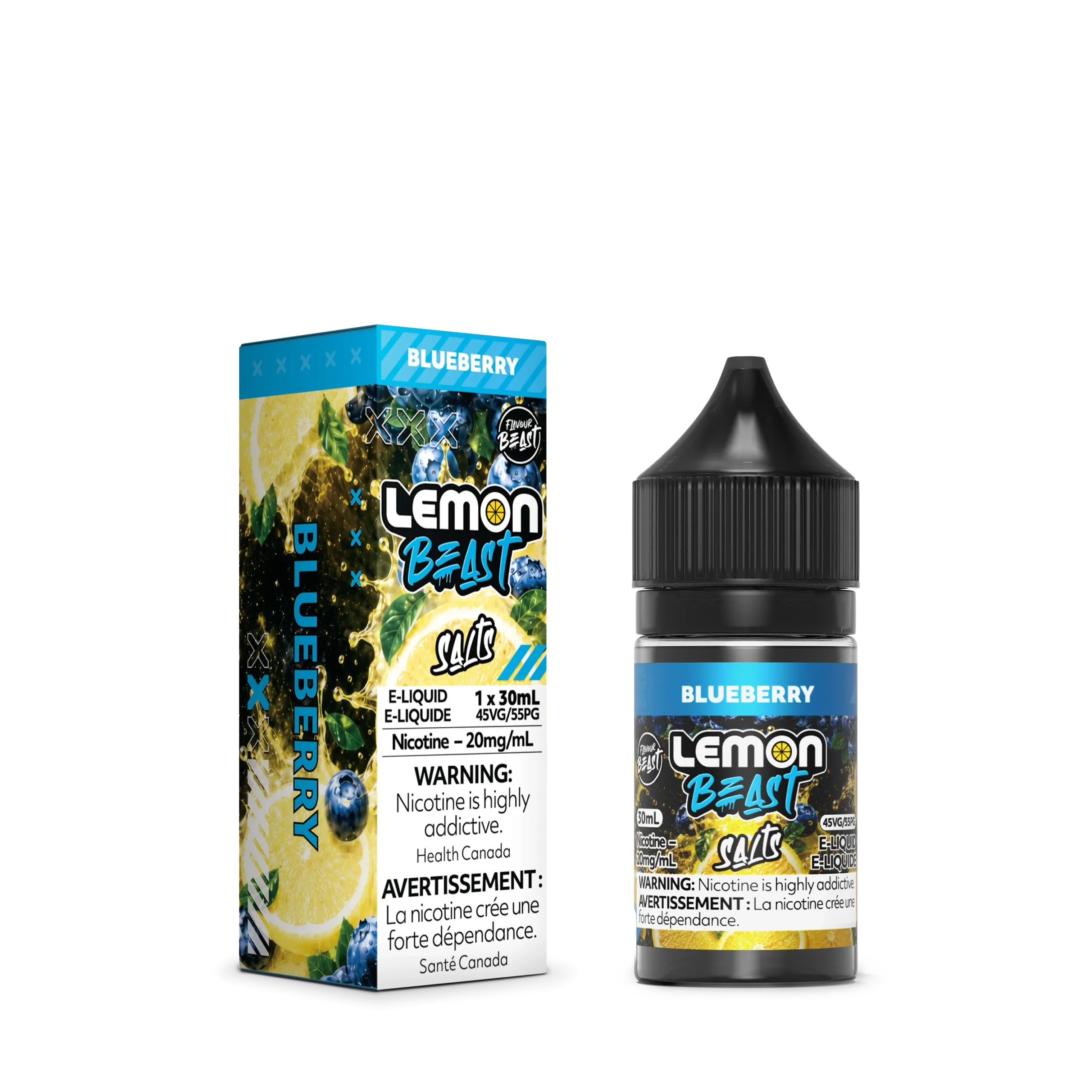 Blueberry e-liquid bottle and packaging, featuring a warning about nicotine addiction. 30ml, 20mg/ml nicotine strength.