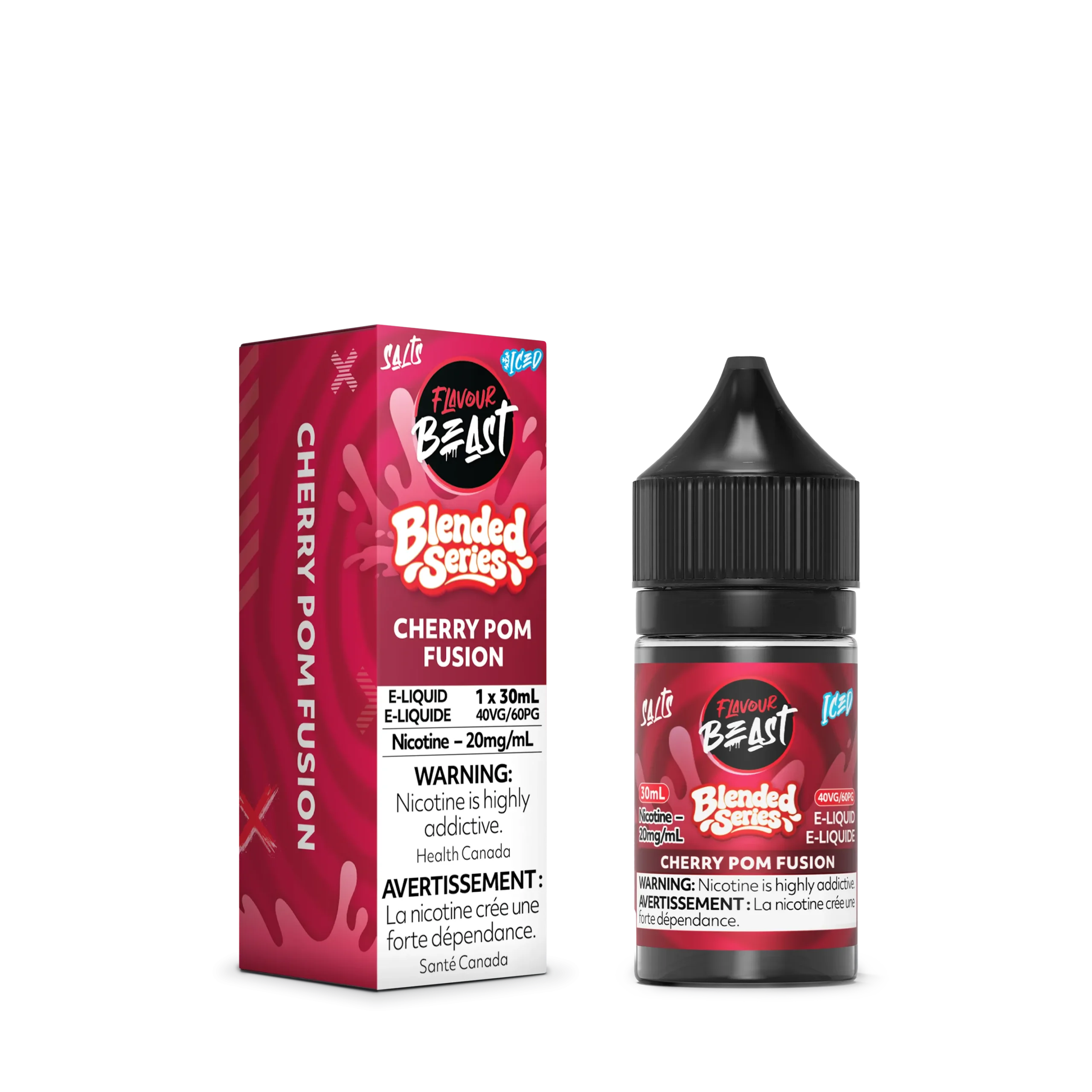 E-liquid bottle and box for Flavour Beast Cherry Pom Fusion, 30ml, 20mg/ml nicotine, with warning labels.