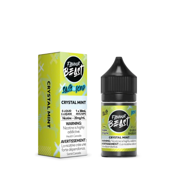 E-liquid bottle and box for Flavour Beast Crystal Mint, 30ml, 20mg/ml nicotine, with warning labels.
