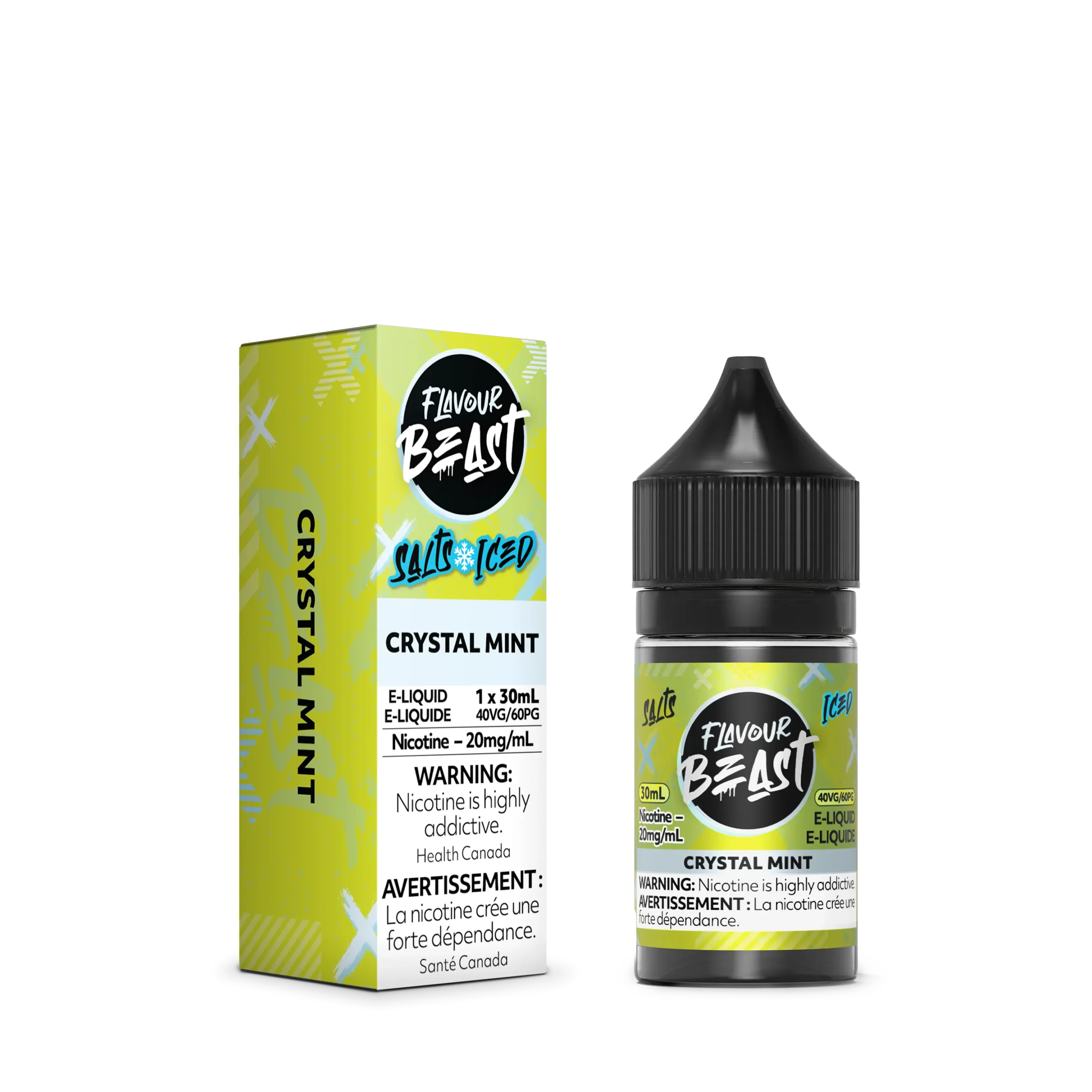 E-liquid bottle and box for Flavour Beast Crystal Mint, 30ml, 20mg/ml nicotine, with warning labels.