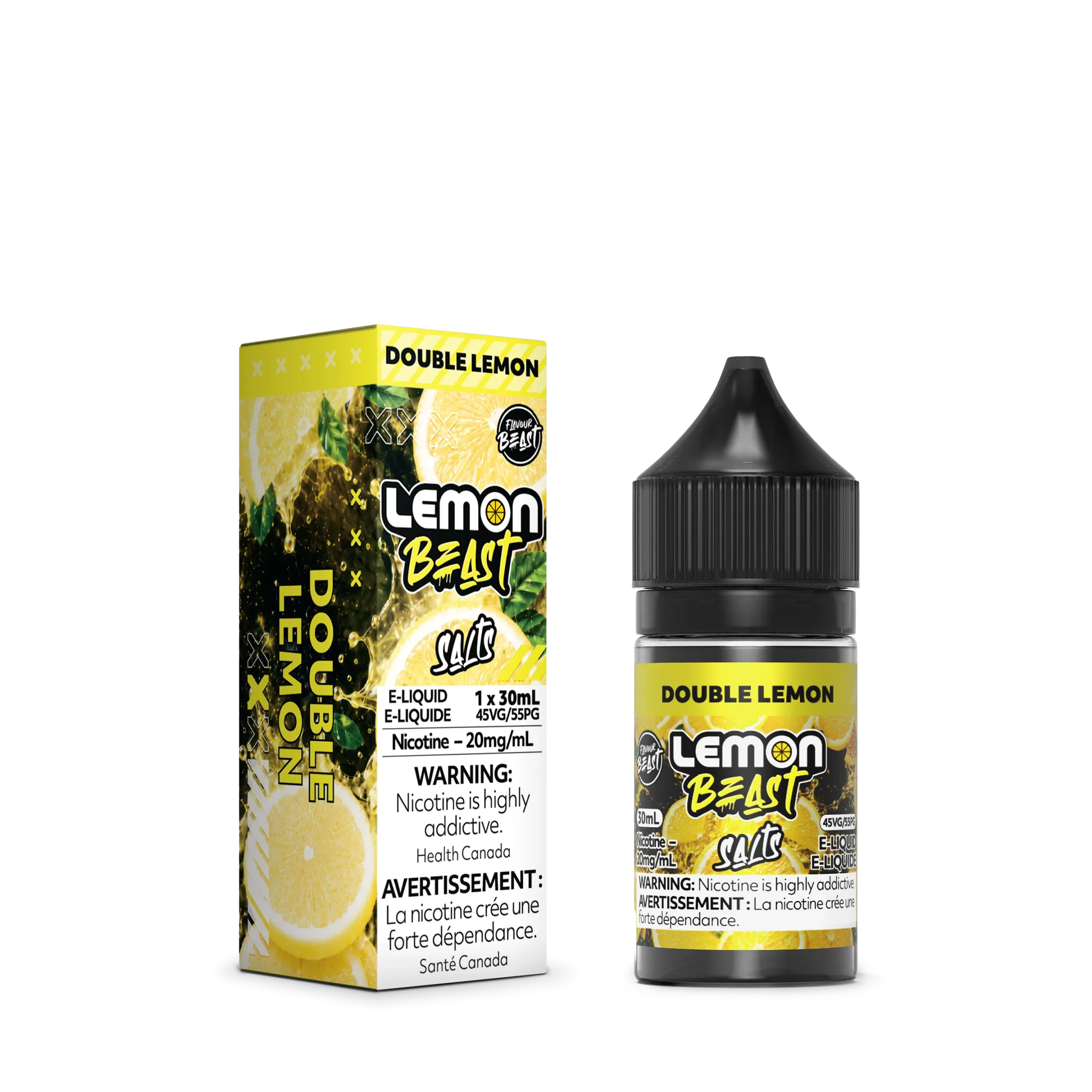 E-liquid bottle and box for Double Lemon flavor, 30ml, 20mg nicotine, featuring lemon graphics and warning labels.