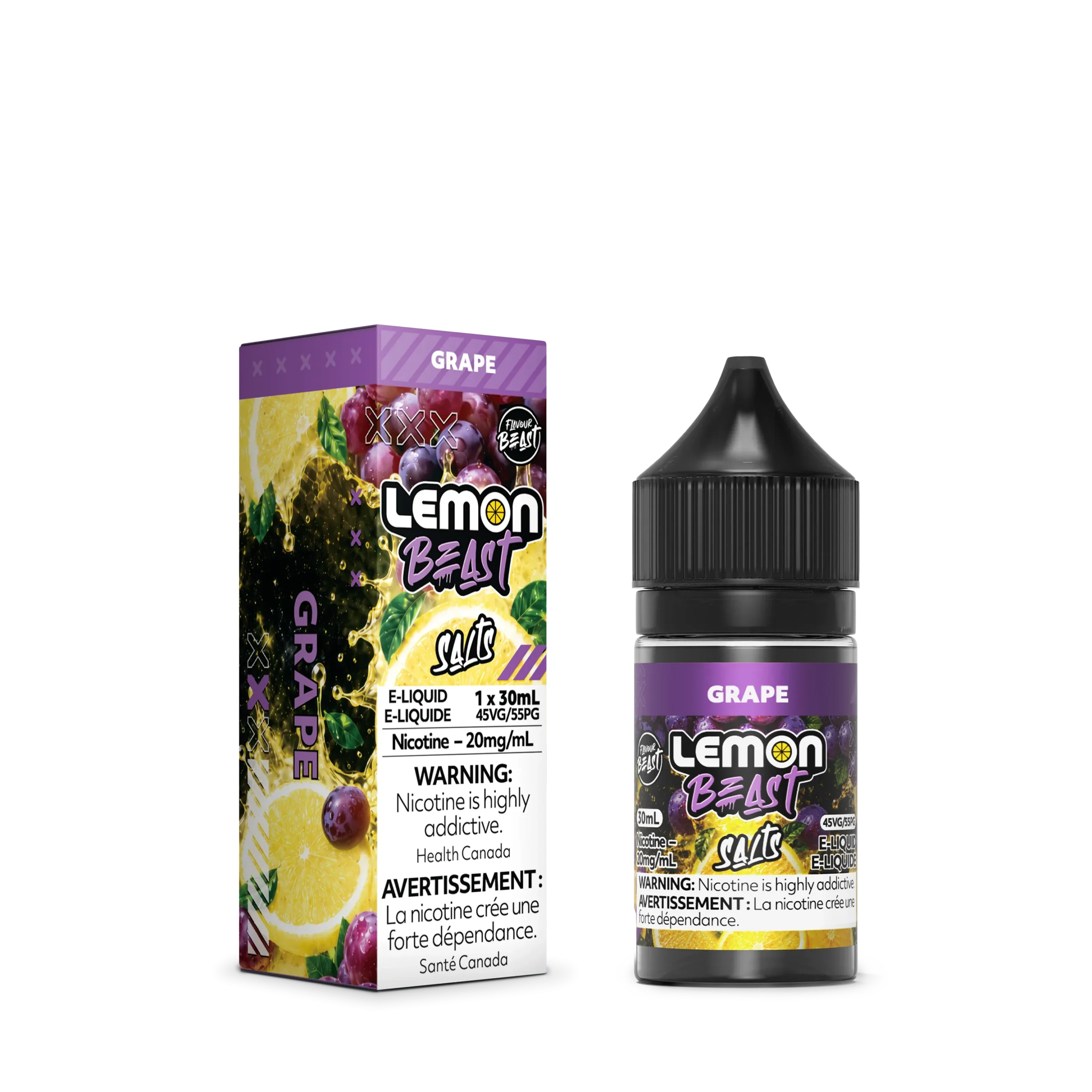 Grape-flavored e-liquid bottle and box, featuring warning labels about nicotine addiction.