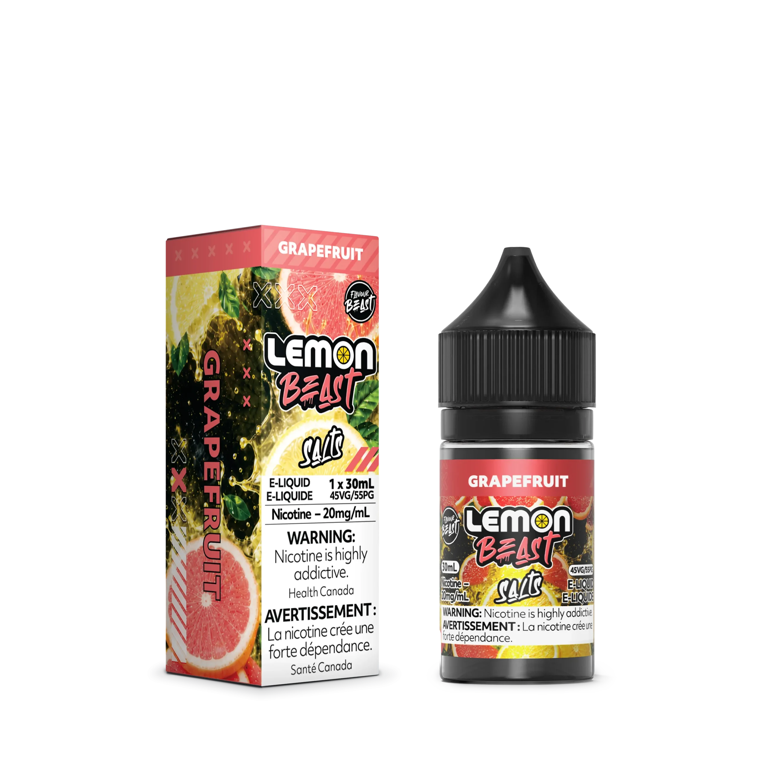 Grapefruit-flavored e-liquid packaging and bottle, featuring warning labels and branding for Lemon Beast.