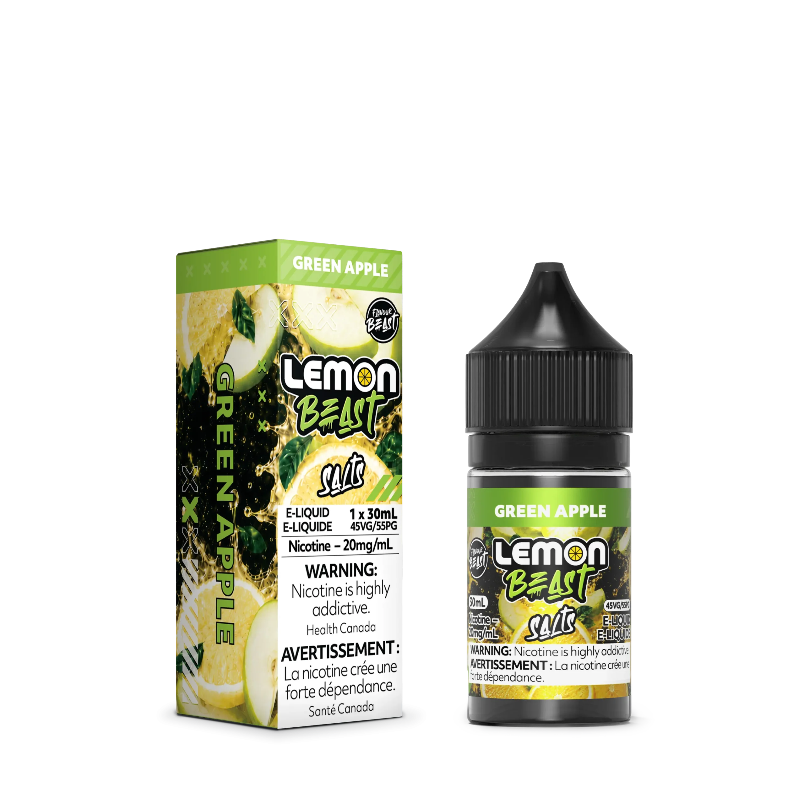 Green Apple e-liquid bottle and box packaging, featuring warning labels about nicotine addiction.
