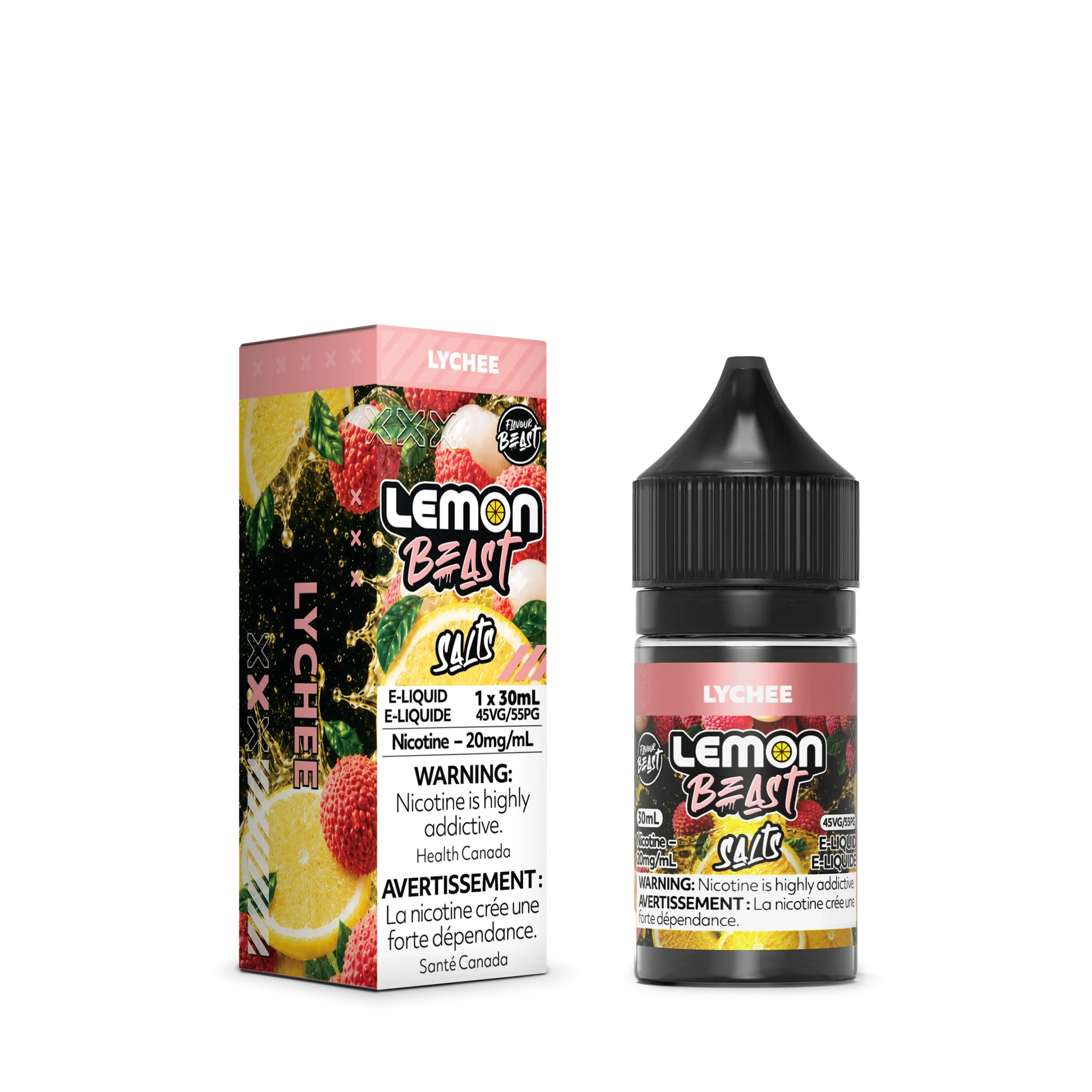 E-liquid bottle and box for Lemon Beast Lychee flavor, featuring a warning about nicotine addiction.