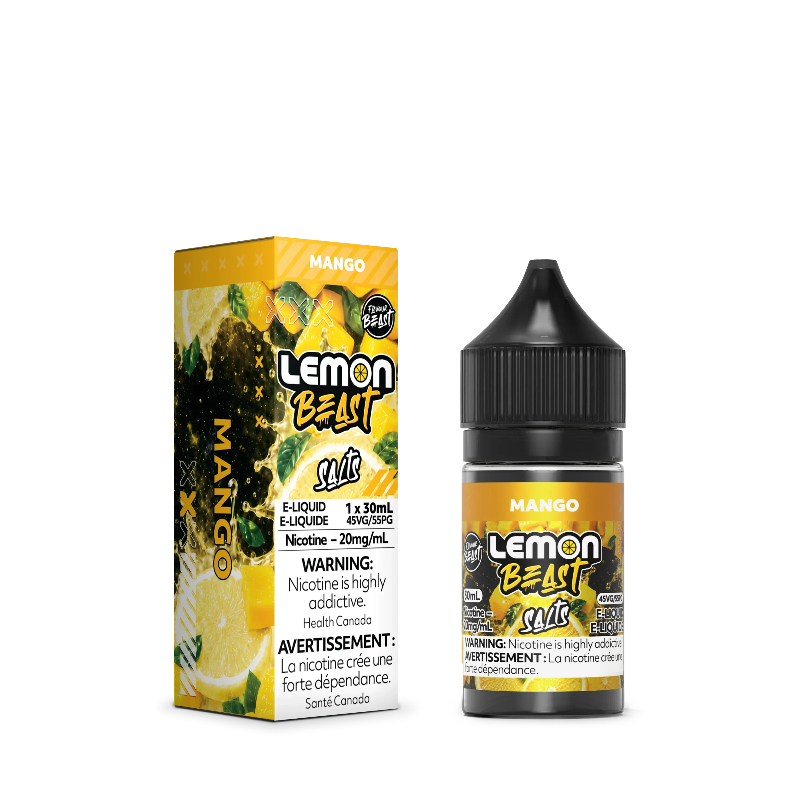 Mango-flavored e-liquid bottle and box, featuring warning labels about nicotine addiction.