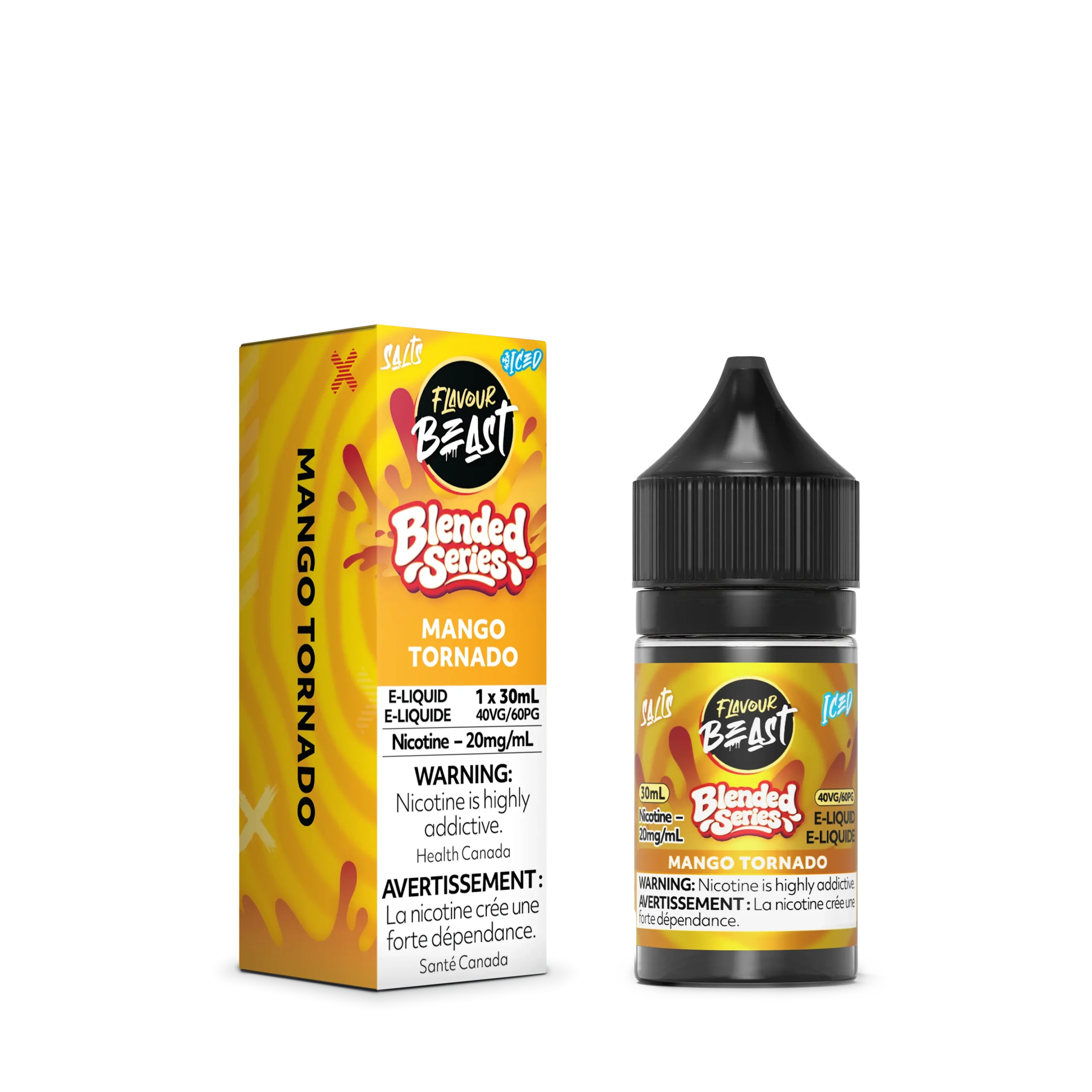 E-liquid bottle and box for Flavour Beasts Mango Tornado, featuring vibrant packaging and nicotine warning labels.
