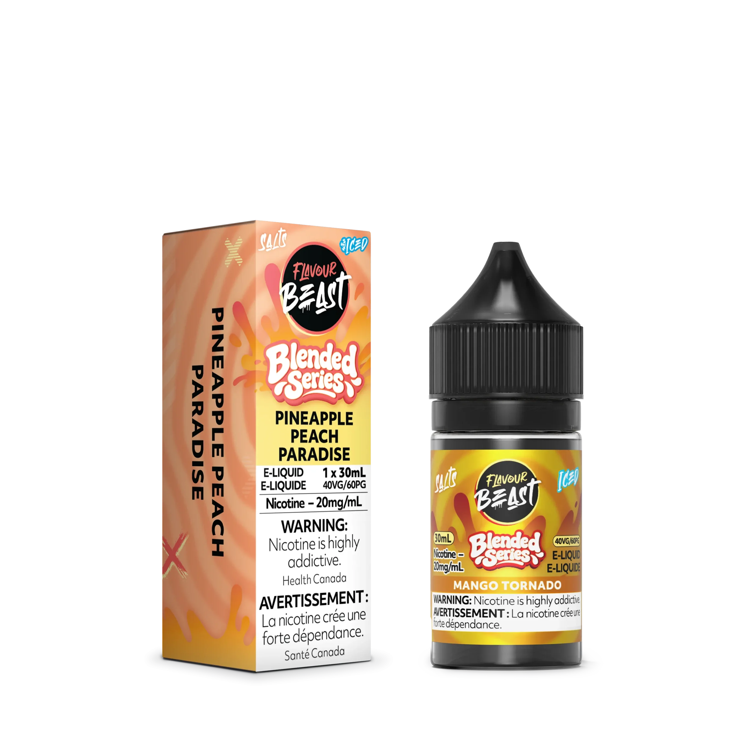 E-liquid bottle and box for Flavour Beasts Pineapple Peach Paradise, featuring nicotine warning and product details.