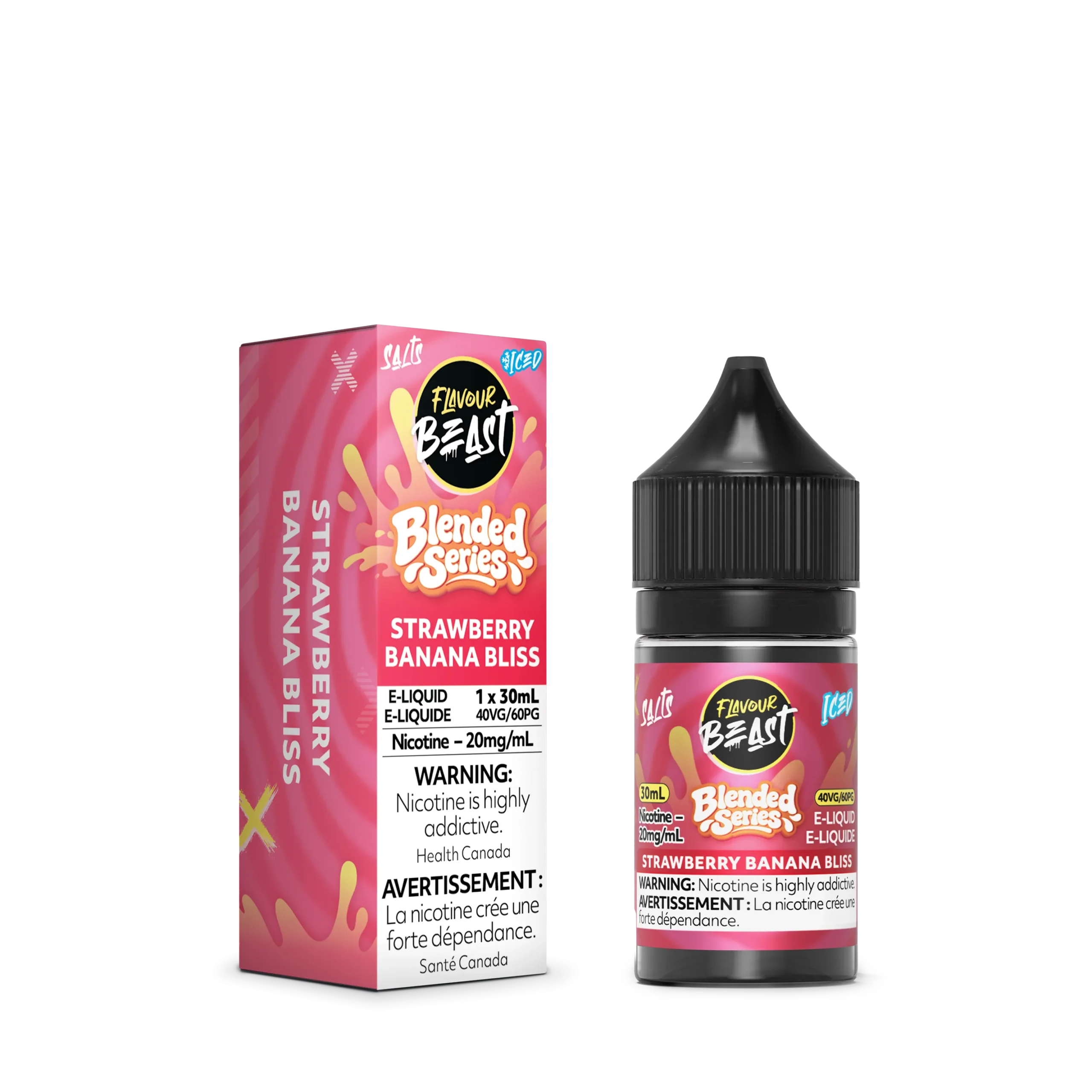 E-liquid bottle and box for Flavour Beasts Strawberry Banana Bliss, featuring a vibrant design and nicotine warning.