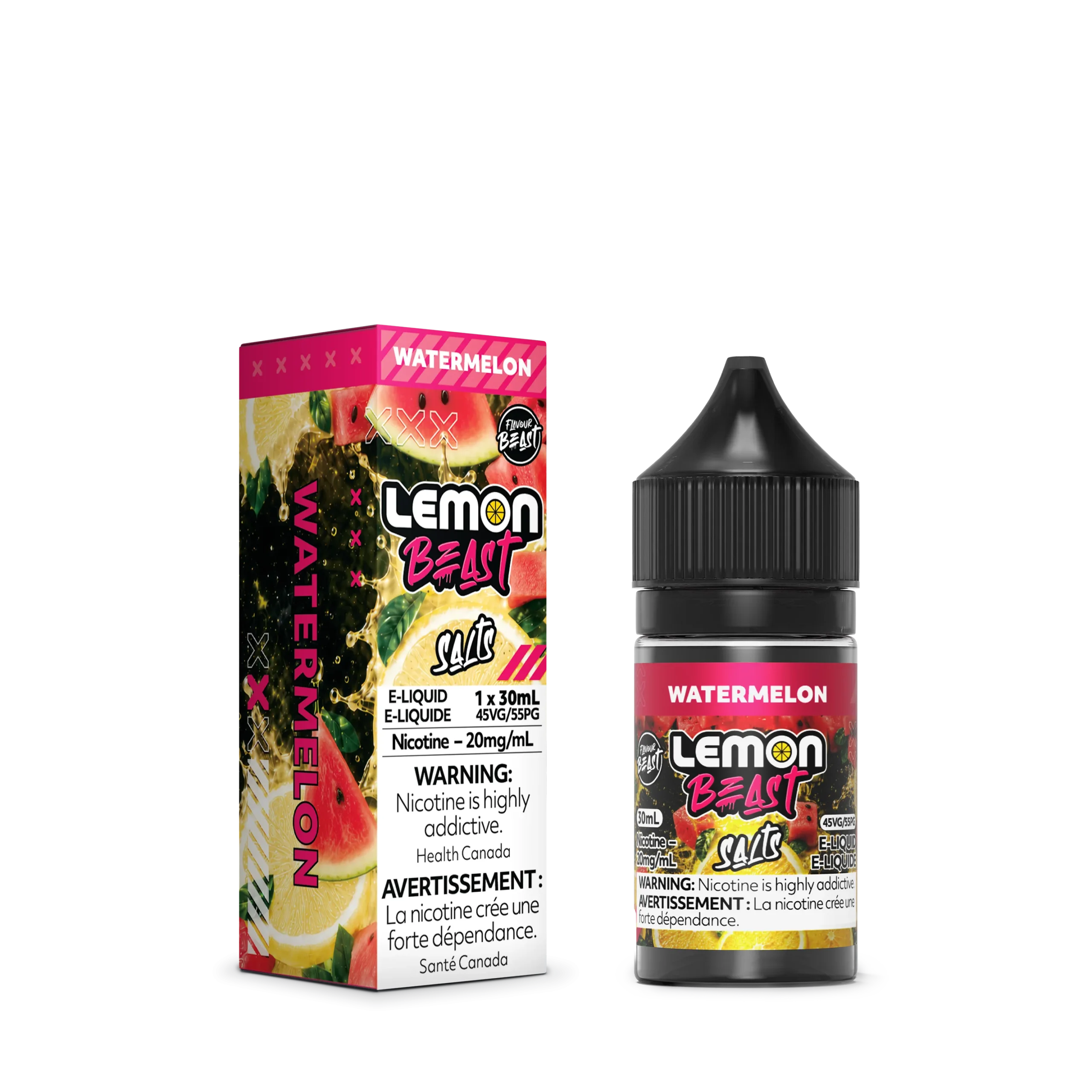 Watermelon-flavored e-liquid bottle and packaging, featuring nicotine warning and branding details.