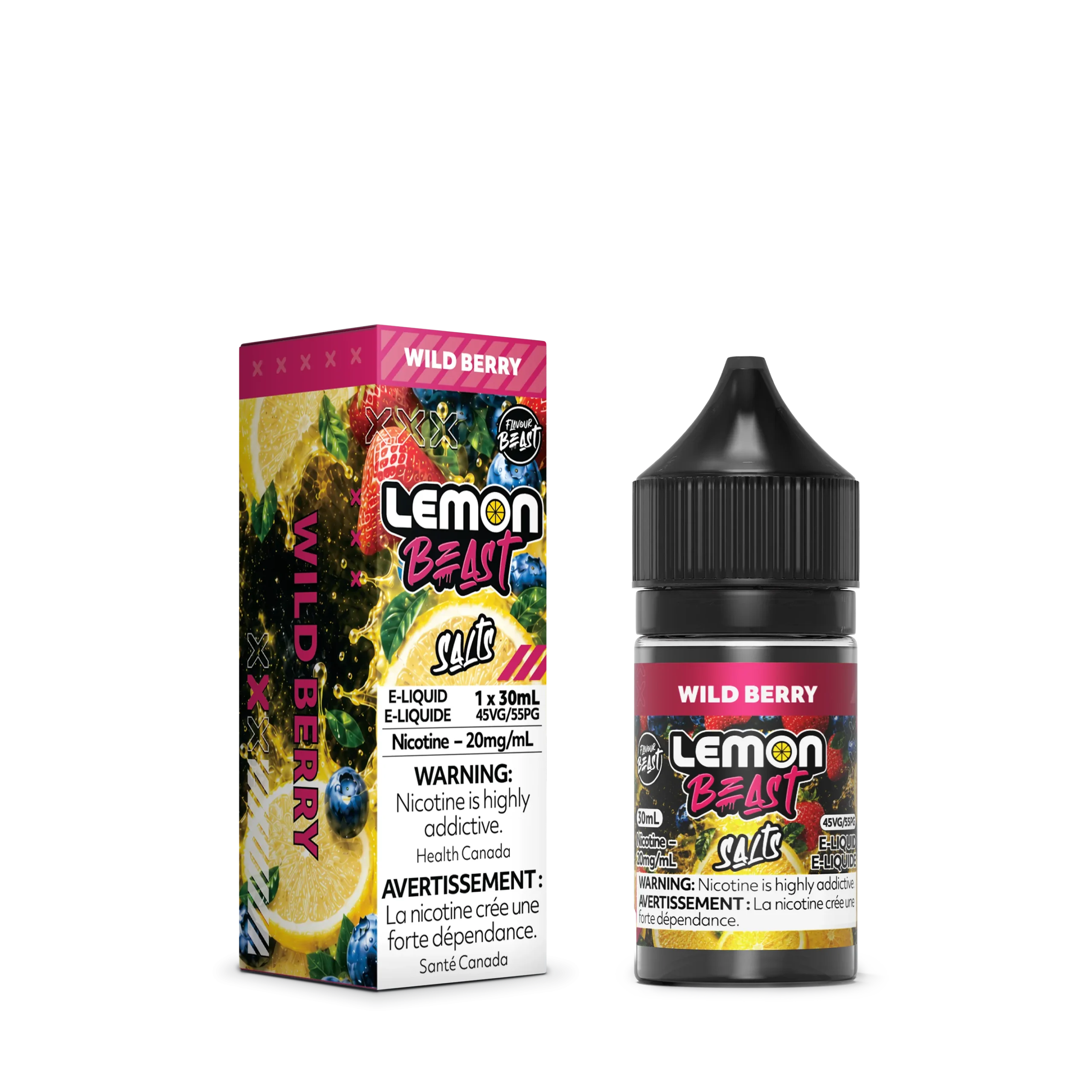 E-liquid packaging for Lemon Beast Wild Berry, featuring a 30ml bottle and colorful box design, with nicotine warning.