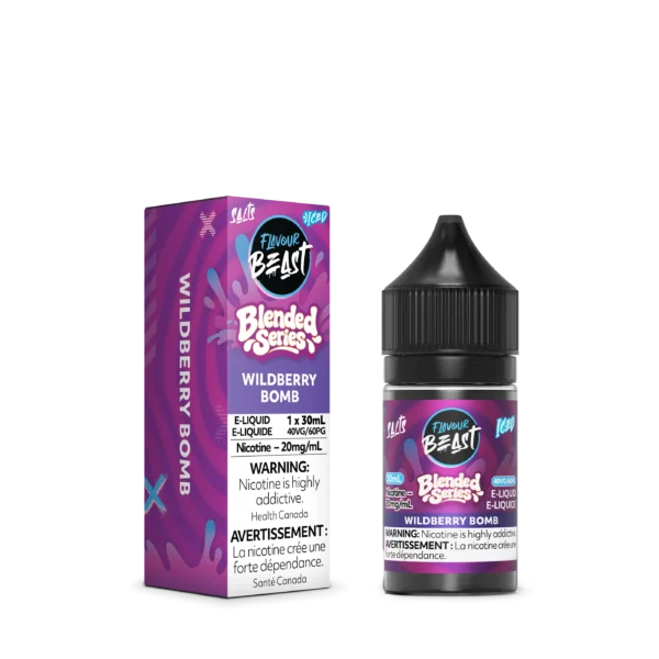 E-liquid bottle and box for FlavourBeast Wildberry Bomb, 30ml, 20mg/ml nicotine, featuring vibrant purple design.