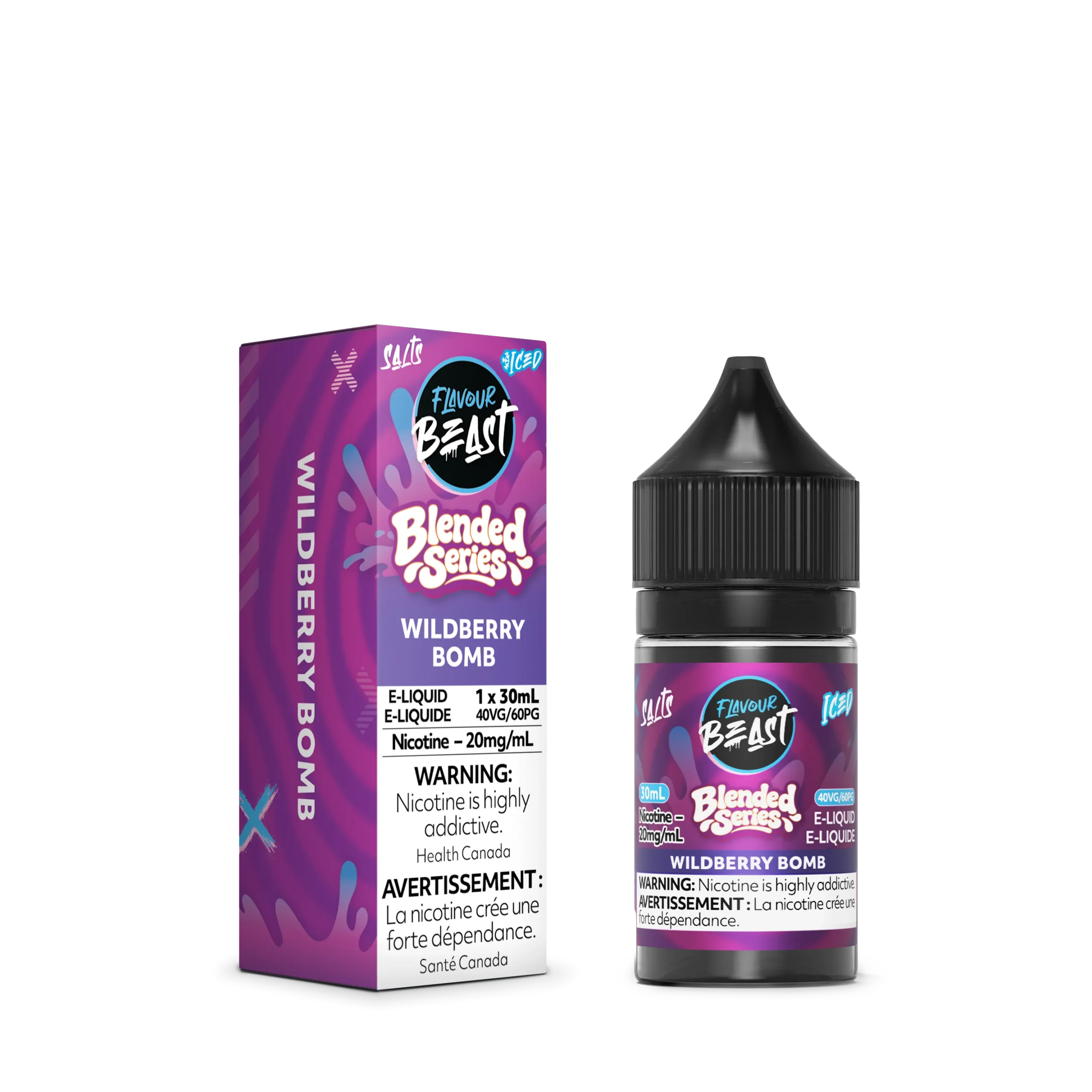 E-liquid bottle and box for FlavourBeast Wildberry Bomb, 30ml, 20mg/ml nicotine, featuring vibrant purple design.