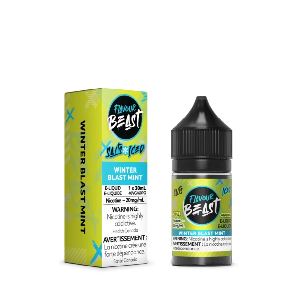 E-liquid bottle and box for Flavour Beast Winter Blast Mint, 30mL, 20mg/mL nicotine, with health warnings.