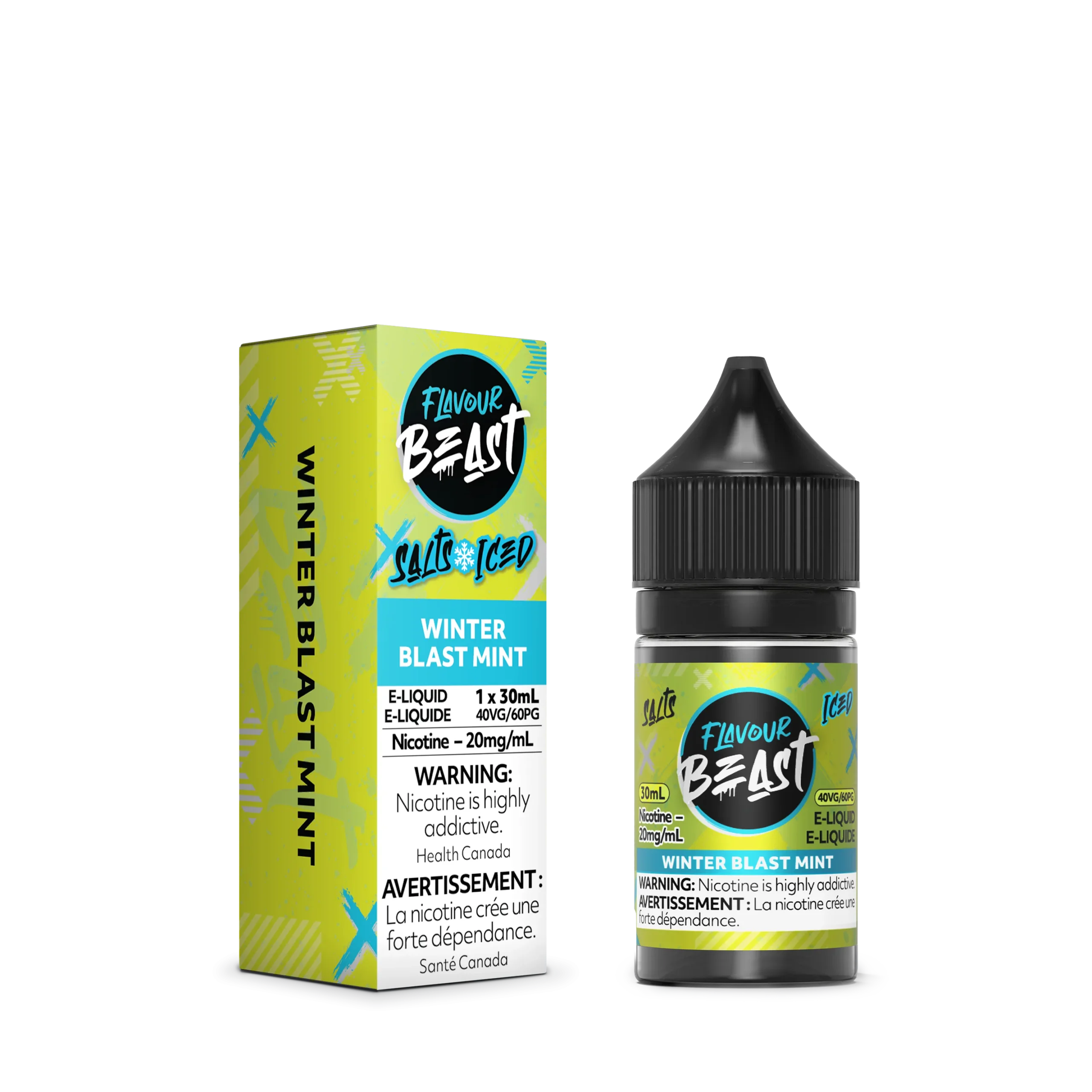 E-liquid bottle and box for Flavour Beast Winter Blast Mint, 30mL, 20mg/mL nicotine, with health warnings.