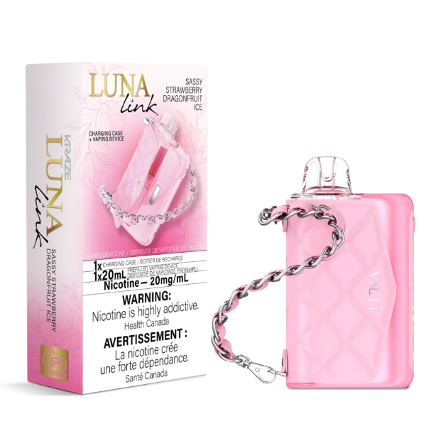 Pink vaping device with a charging case, labeled LUNA link, featuring Sassy Strawberry Dragonfruit Ice flavor.