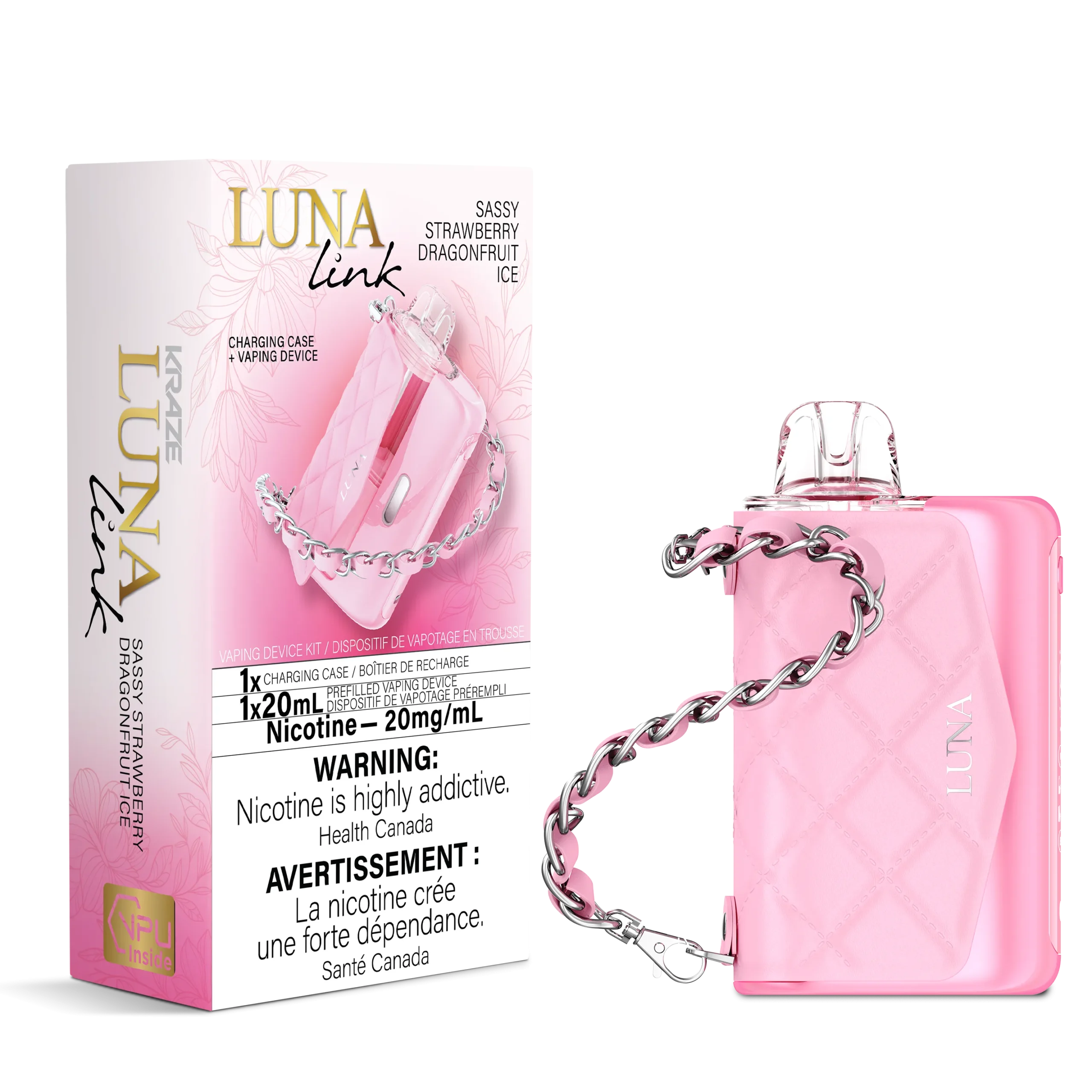 Pink vaping device with a charging case, labeled LUNA link, featuring Sassy Strawberry Dragonfruit Ice flavor.