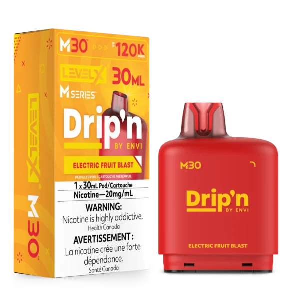 A box of LevelX M30 Dripn Electric Fruit Blast pod, featuring a red pod and warning about nicotine addiction.