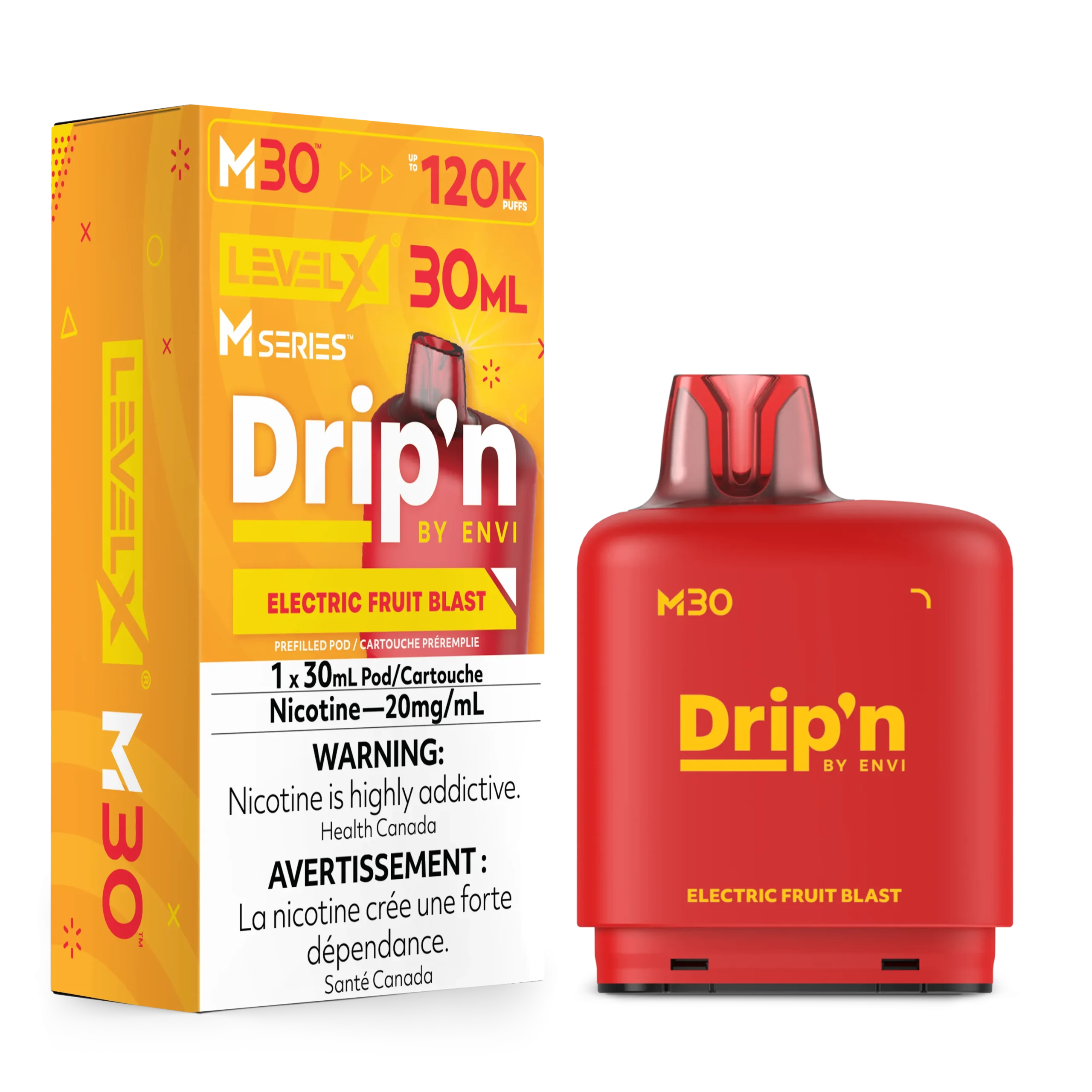 A box of LevelX M30 Dripn Electric Fruit Blast pod, featuring a red pod and warning about nicotine addiction.