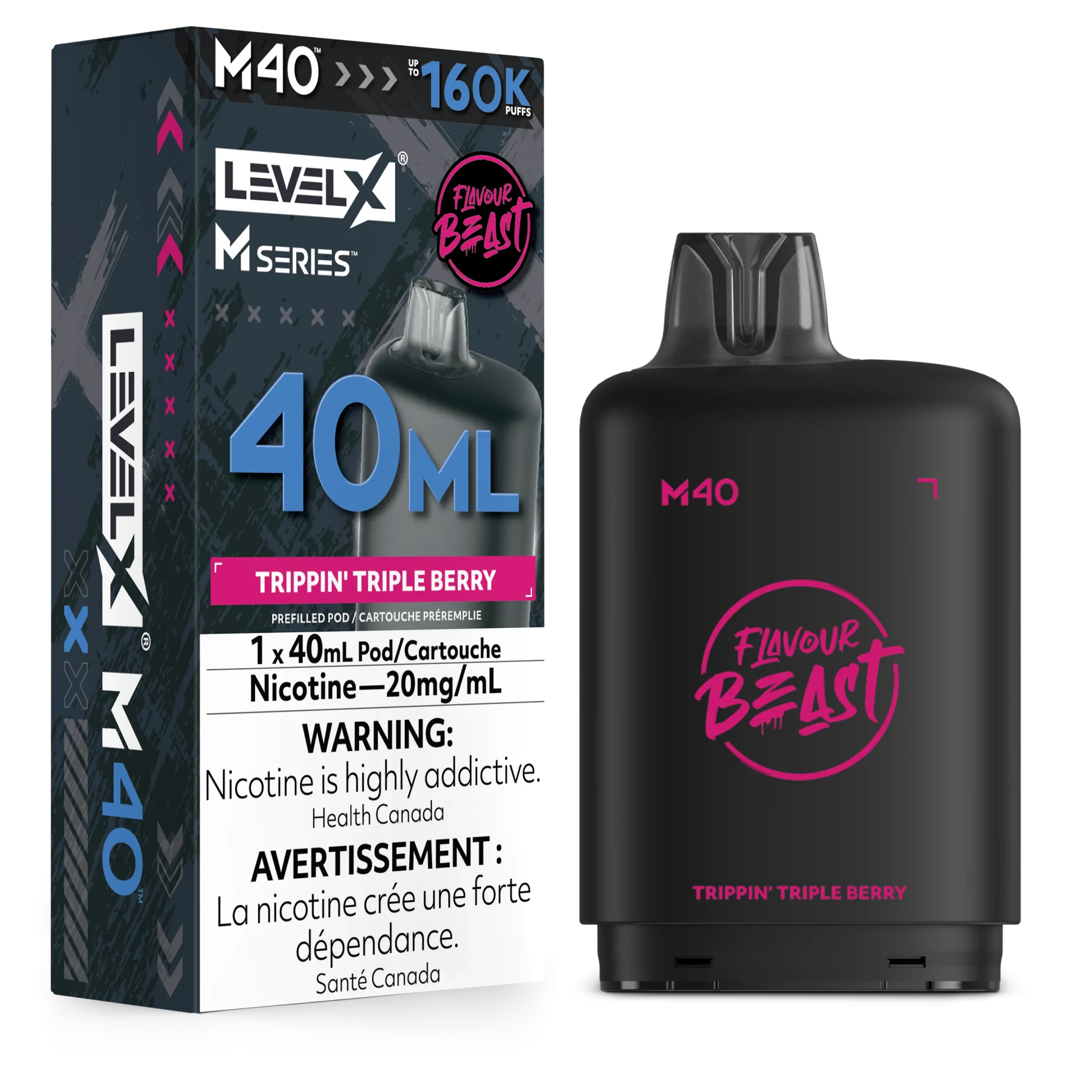 Black vape pod labeled Flavour Beast with Trippin Triple Berry flavor and nicotine content details.